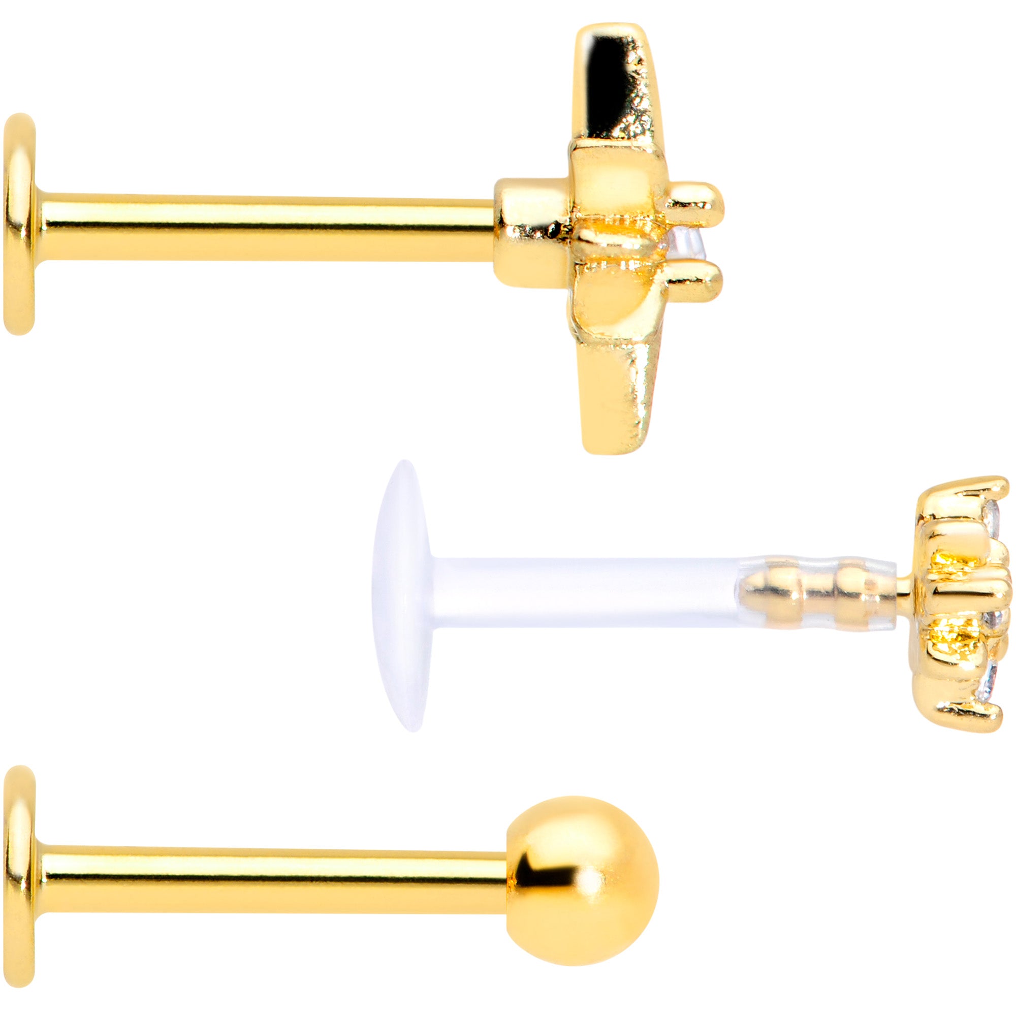 16 Gauge 5/16 Clear CZ Gem Gold Tone Stars Labret Tragus Set of 3