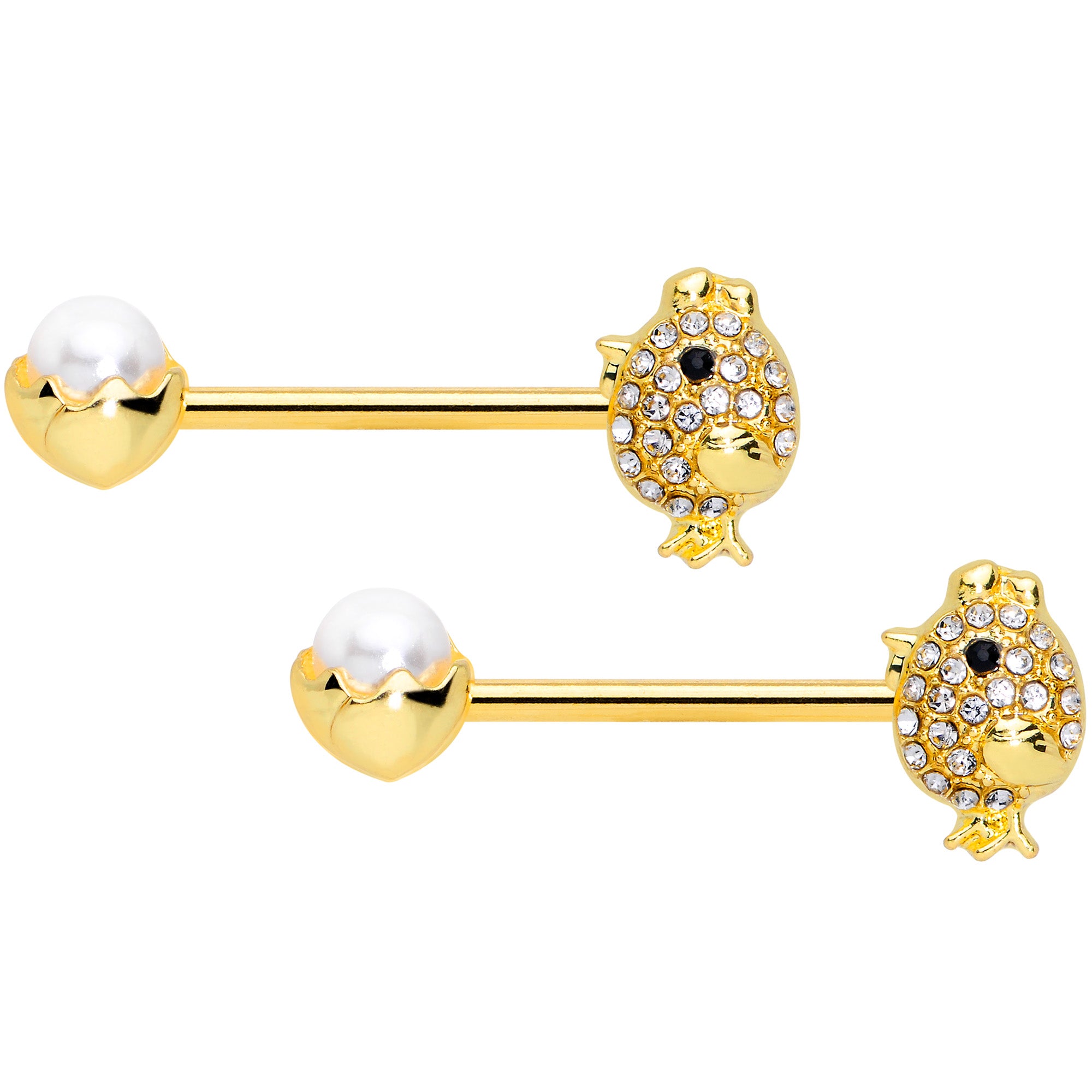 14 Gauge 9/16 Clear Gem Gold Tone Egg Chick Barbell Nipple Ring Set