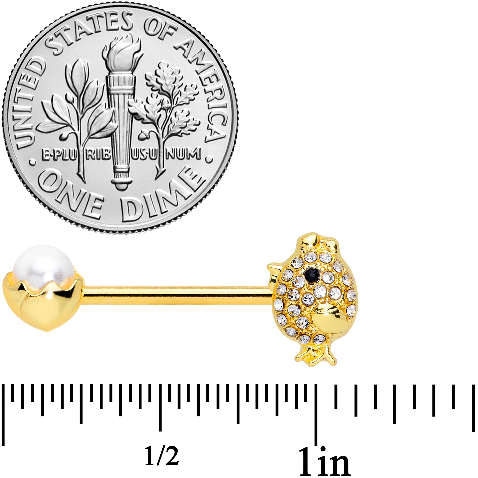 14 Gauge 9/16 Clear Gem Gold Tone Egg Chick Barbell Nipple Ring Set