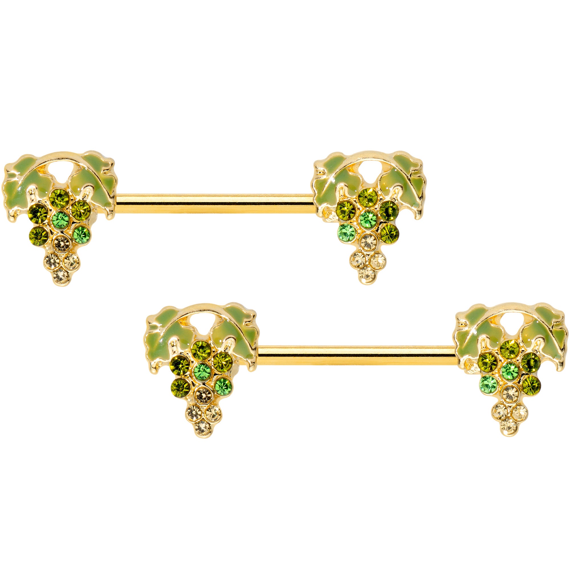 14 Gauge 9/16 Green Gem Gold Tone Bunch Grapes Barbell Nipple Ring Set