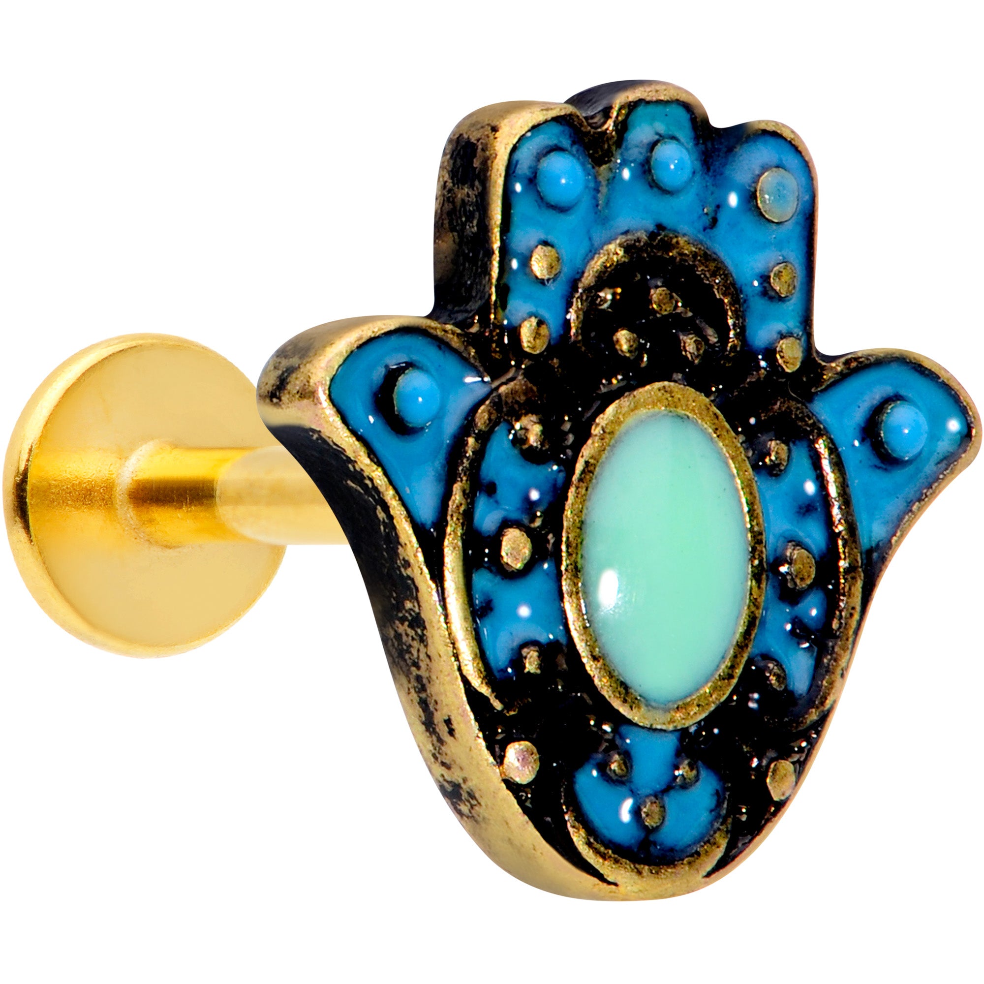 16 Gauge 5/16 Gold Tone Aqua Ornate Hamsa Hand Labret Monroe Tragus