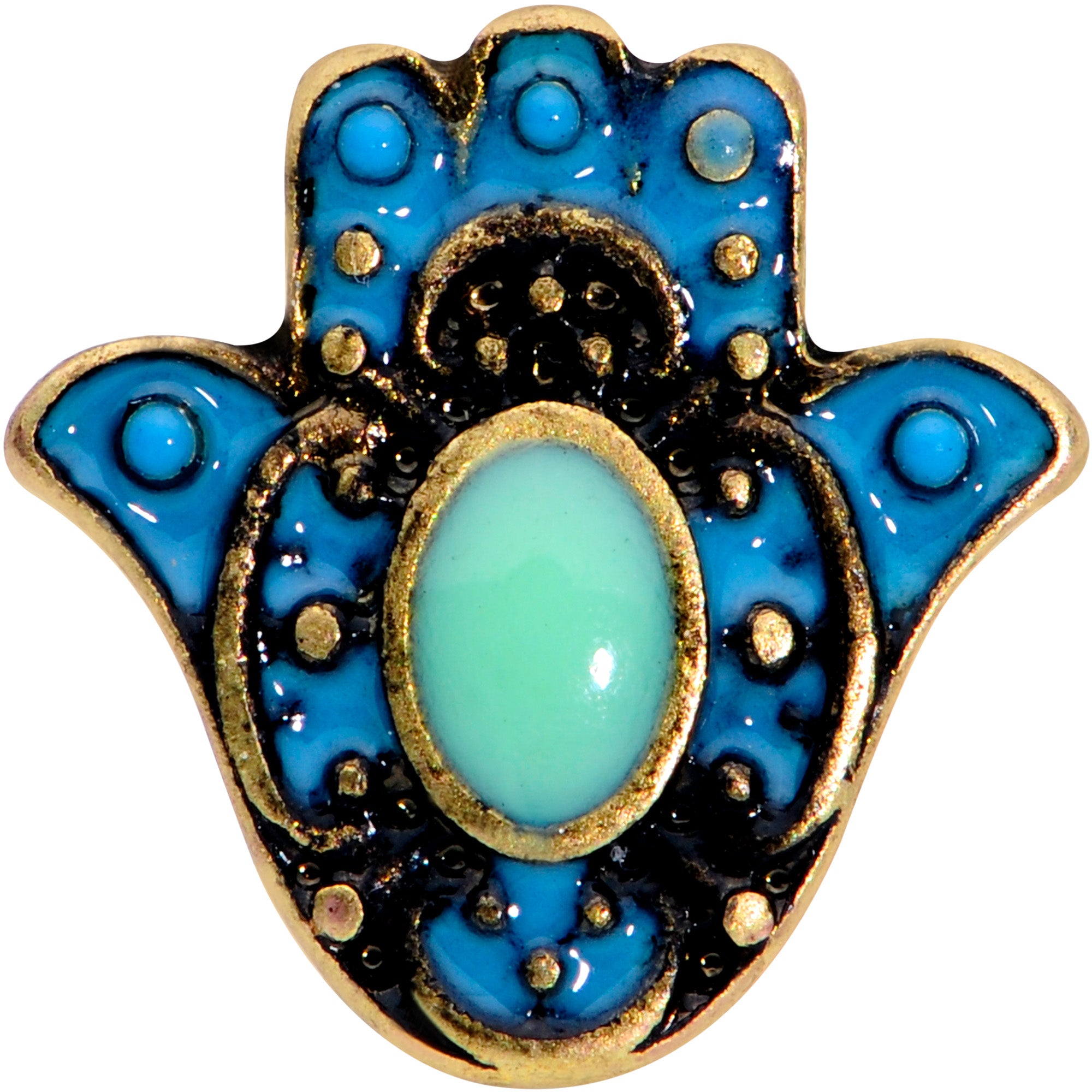 16 Gauge 5/16 Gold Tone Aqua Ornate Hamsa Hand Labret Monroe Tragus