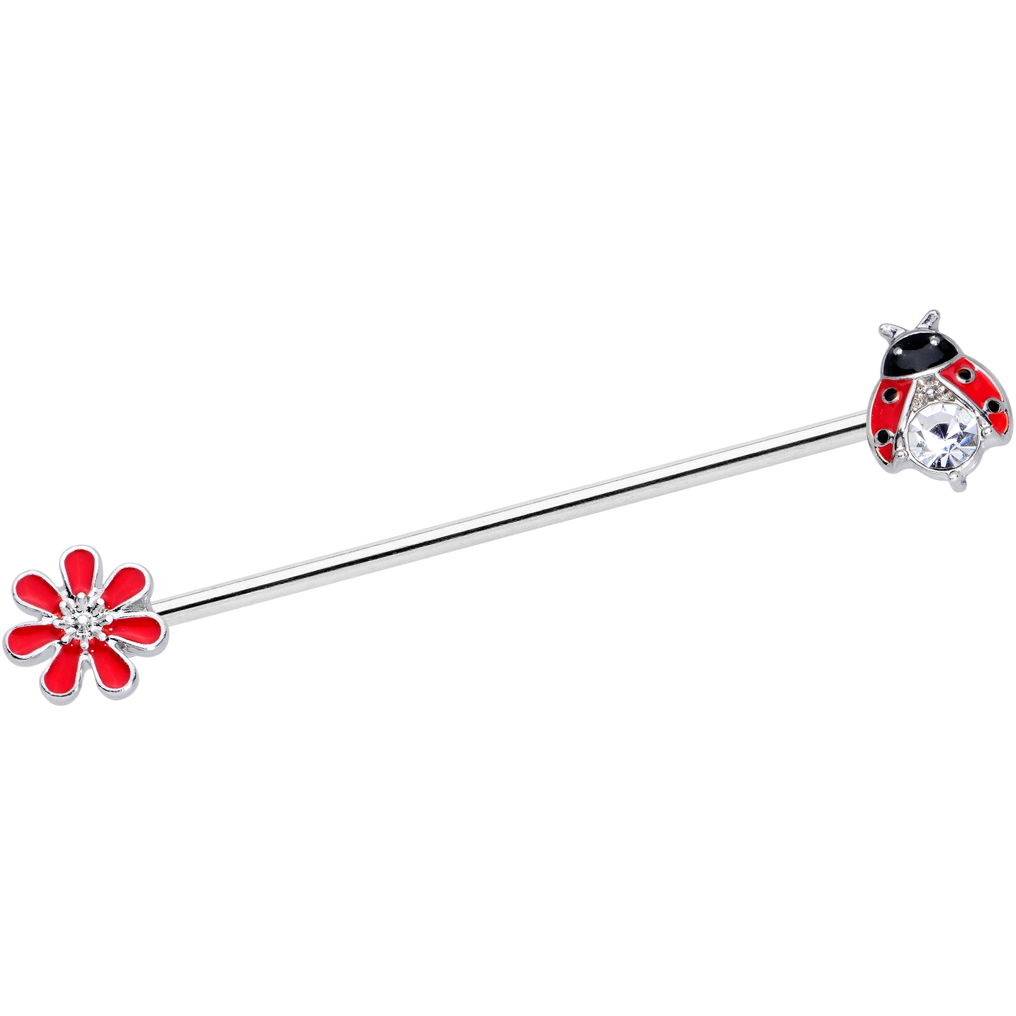 14 Gauge Clear Gem Red Ladybug Flower Industrial Barbell 38mm