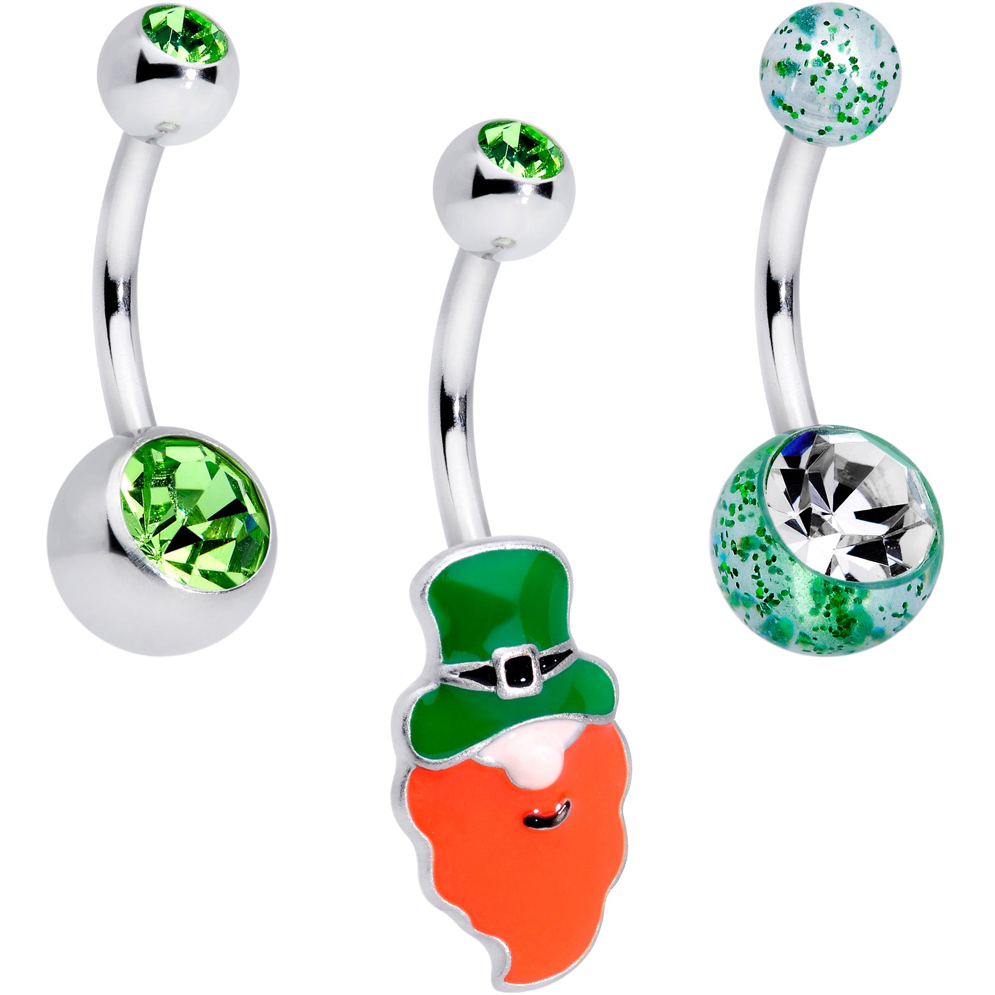 Green Clear Gem Leprechaun St Patricks Day Belly Ring Set of 3