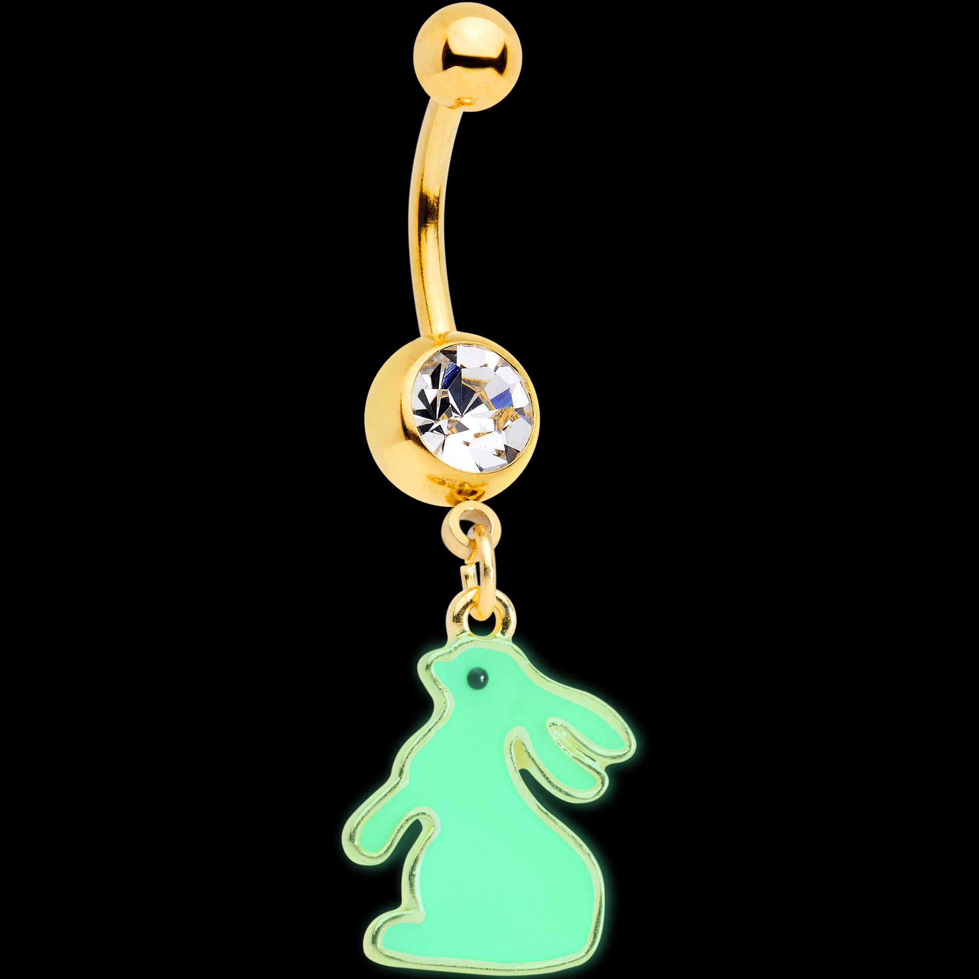 Clear Gem Gold Tone Glow in the Dark Easter Bunny Dangle Belly Ring