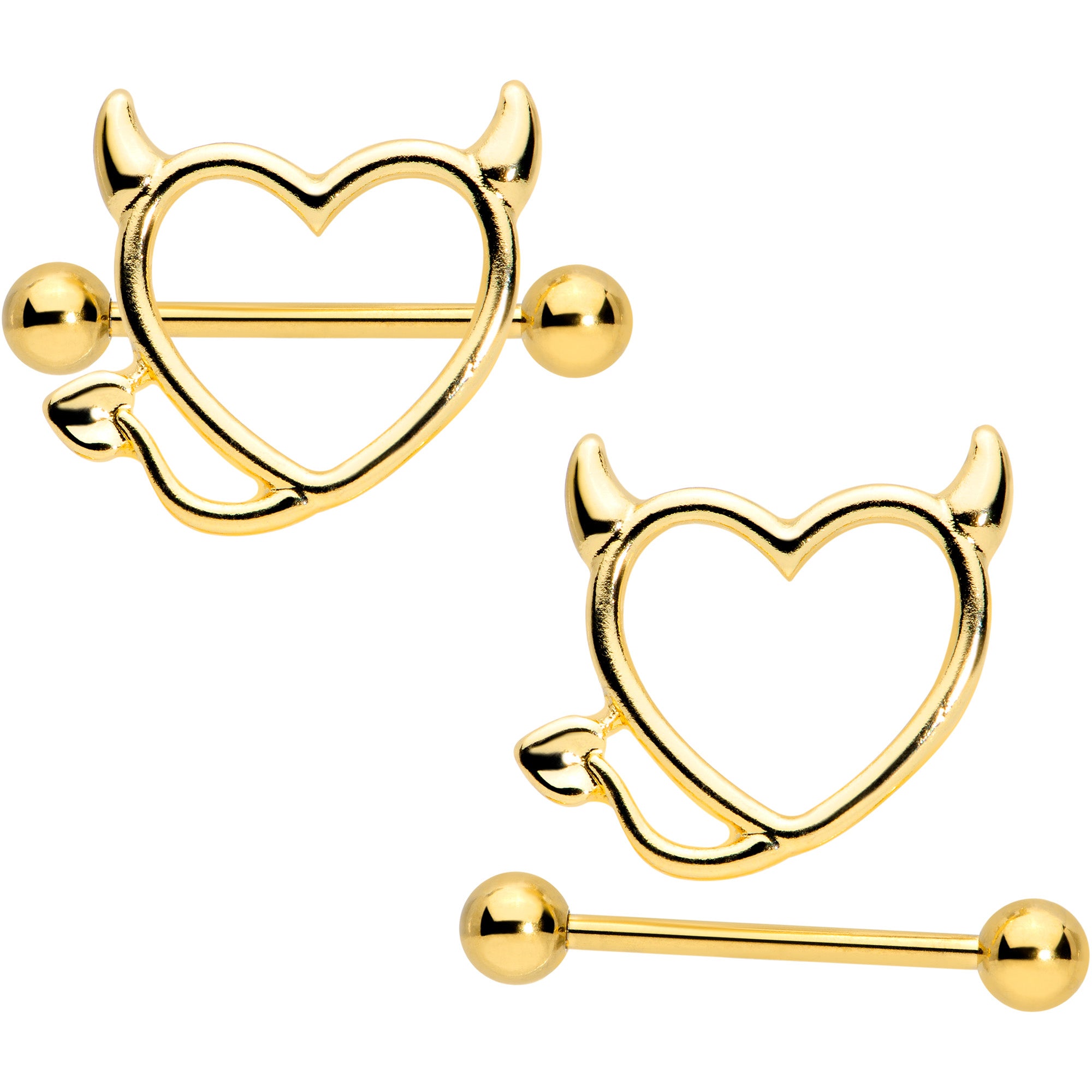 14 Gauge 5/8 Gold Tone Devil Heart Valentines Day Nipple Shield Set