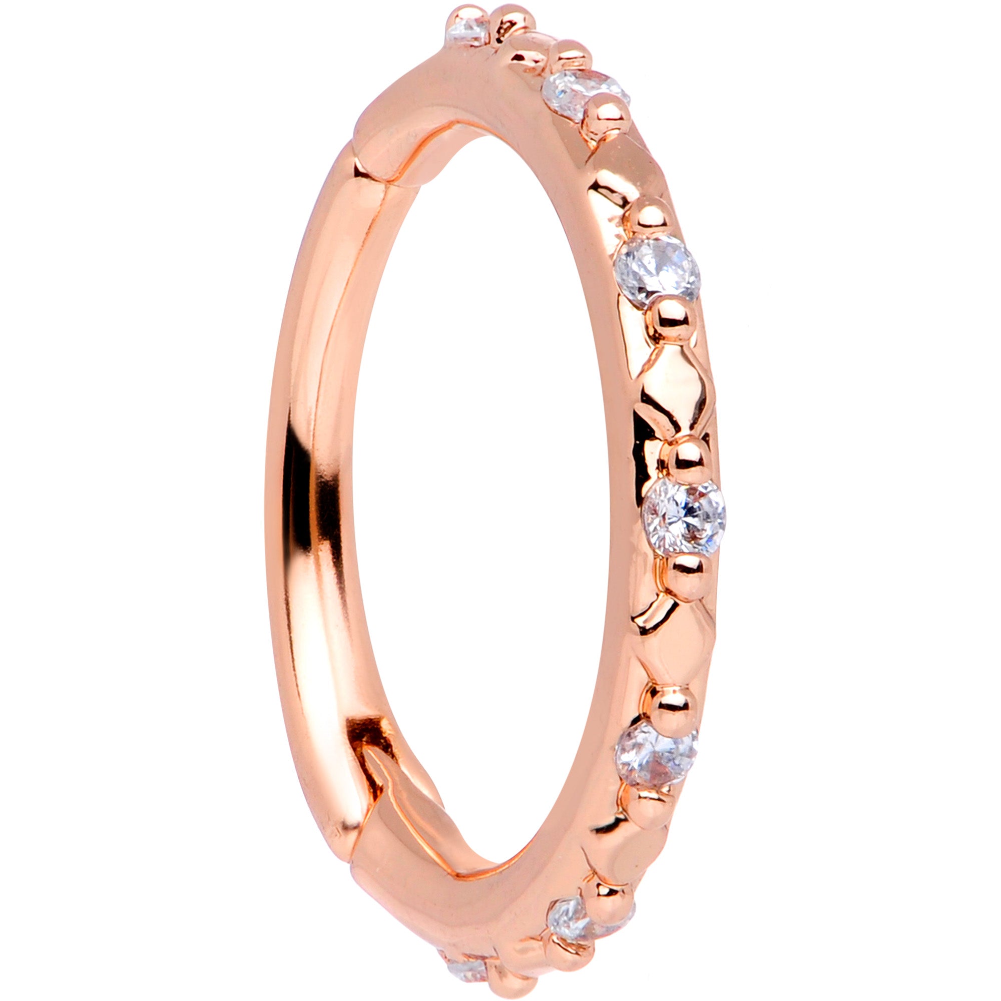 16 Gauge 3/8 Clear CZ Gem Rose Gold Tone Subtle Hinged Segment Ring