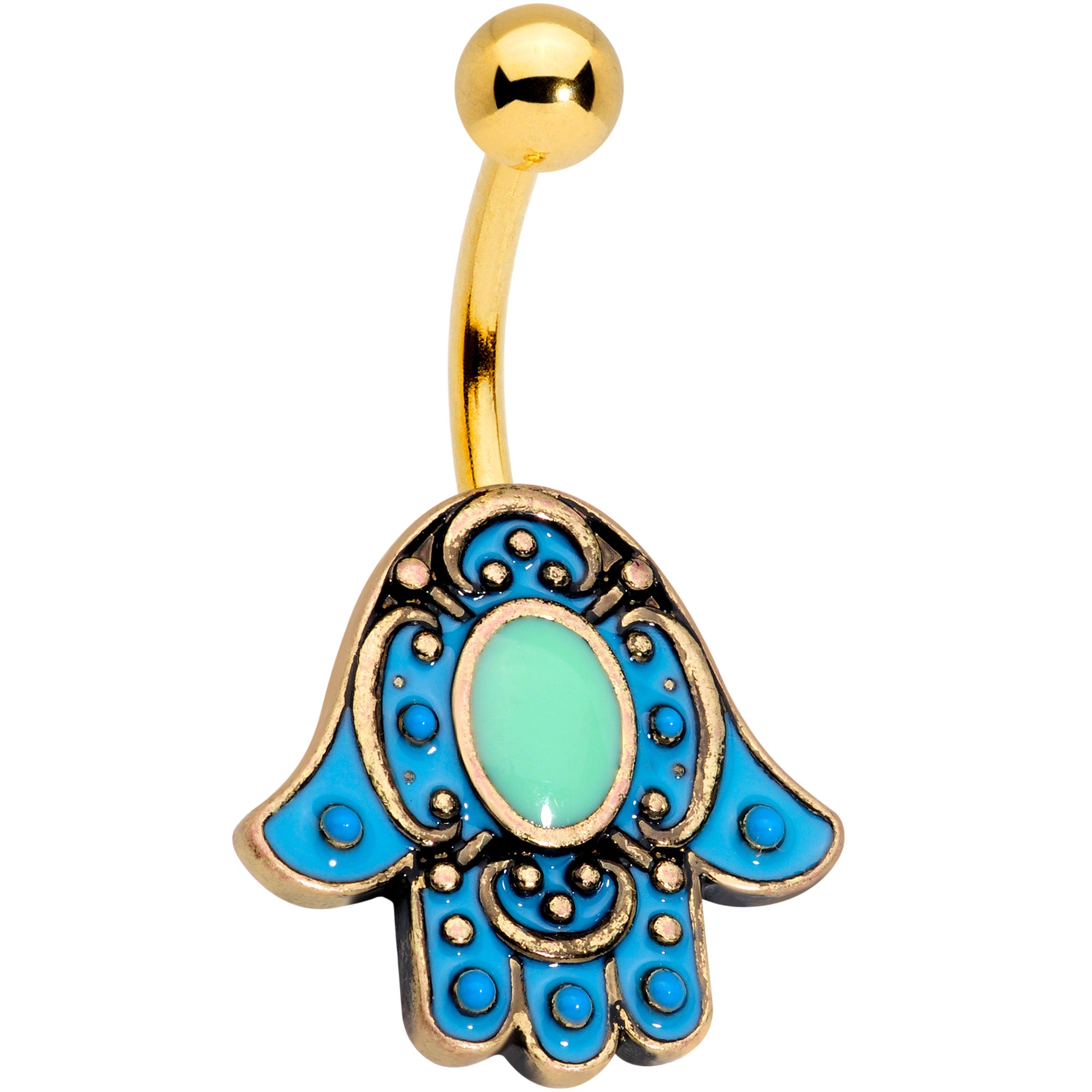 Gold Tone Aqua Ornate Hamsa Hand Belly Ring