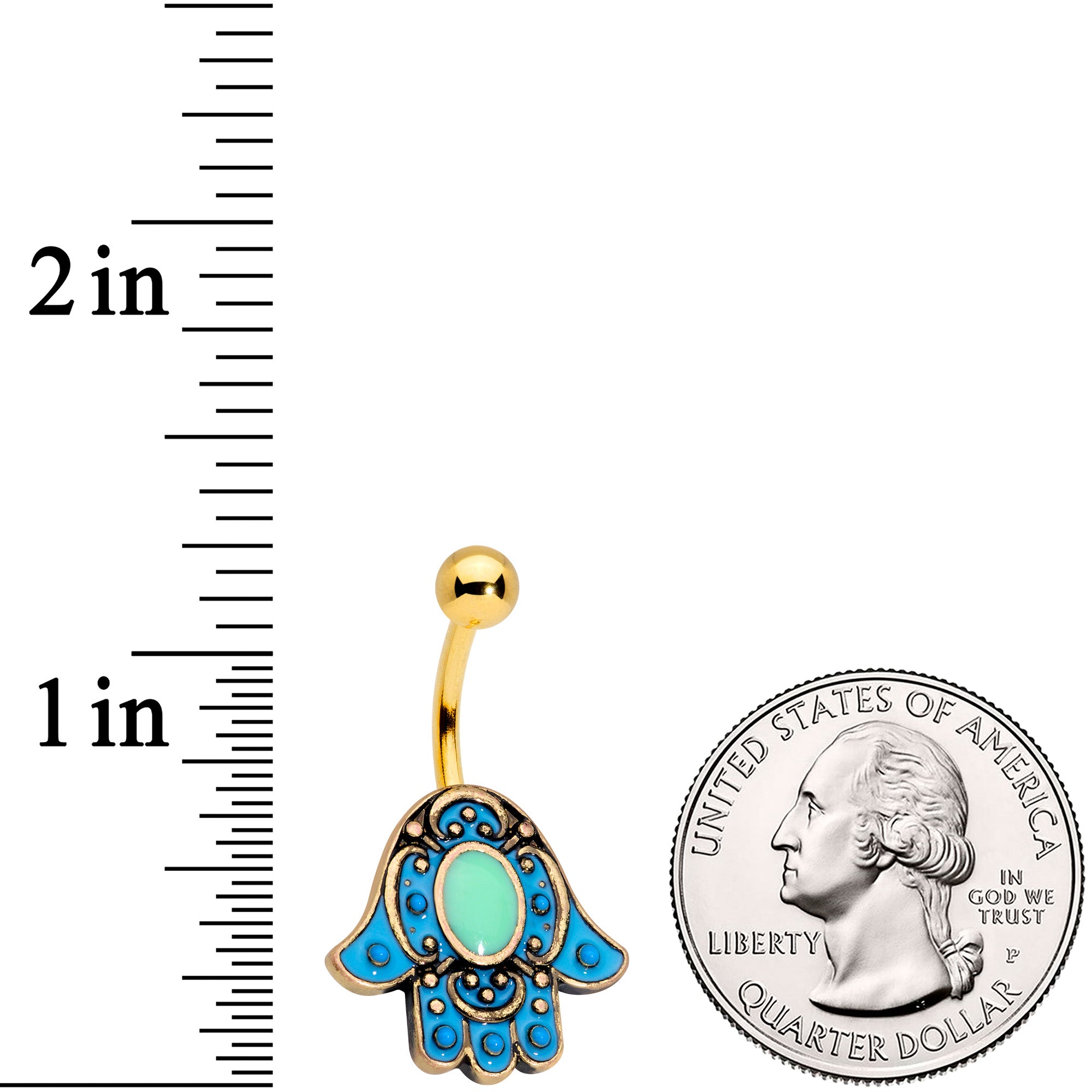 Gold Tone Aqua Ornate Hamsa Hand Belly Ring