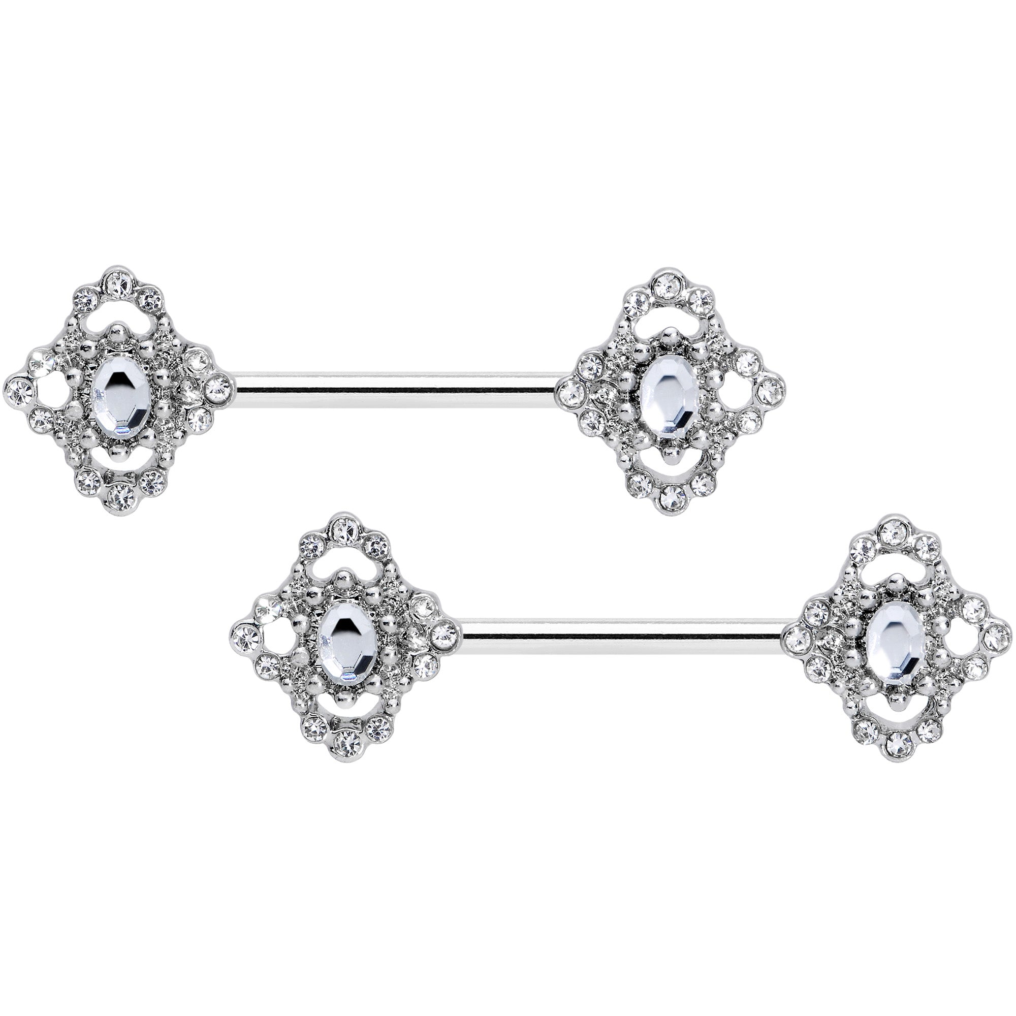 14 Gauge 9/16 Clear Gem Baroque Cross Barbell Nipple Ring Set