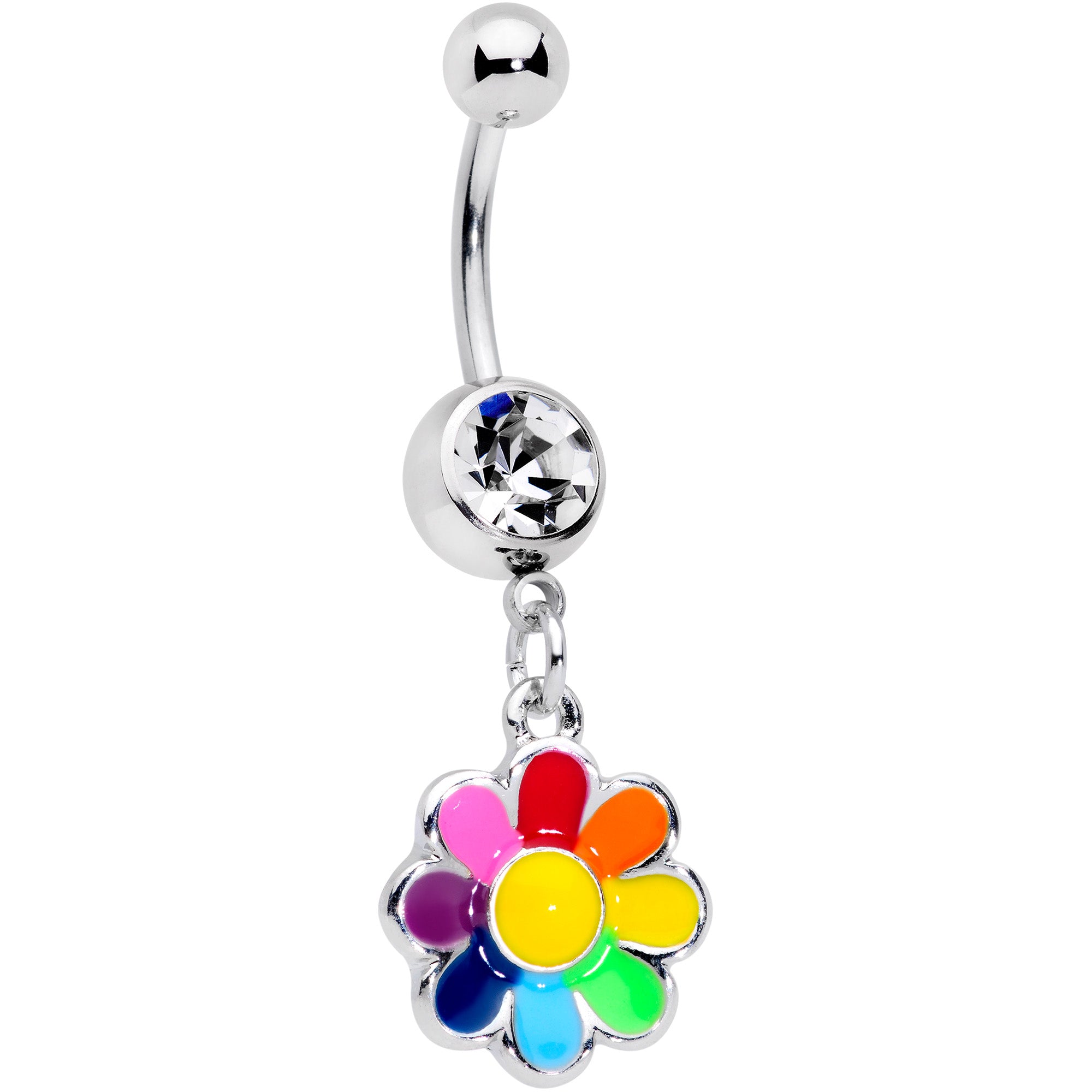 Clear Gem Rainbow Hippie Flower Dangle Belly Ring