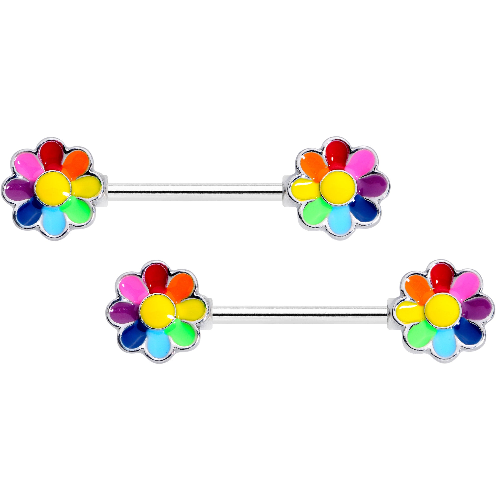 14 Gauge 5/8 Rainbow Hippie Flower Barbell Nipple Ring Set