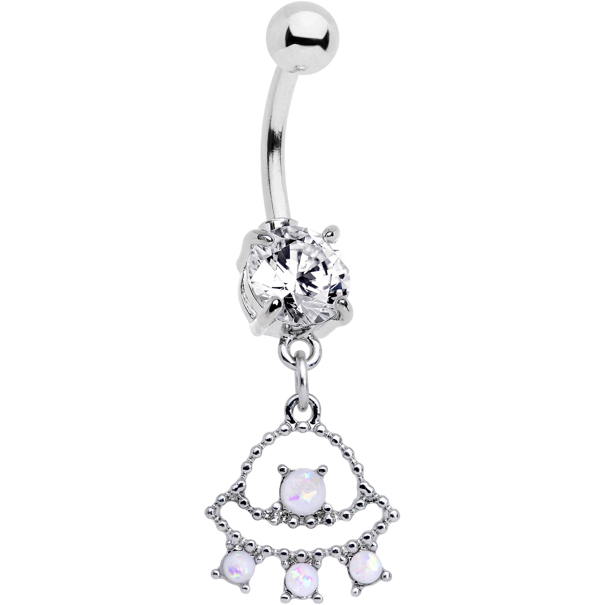 Clear CZ Gem White Faux Opal UFO Dangle Belly Ring