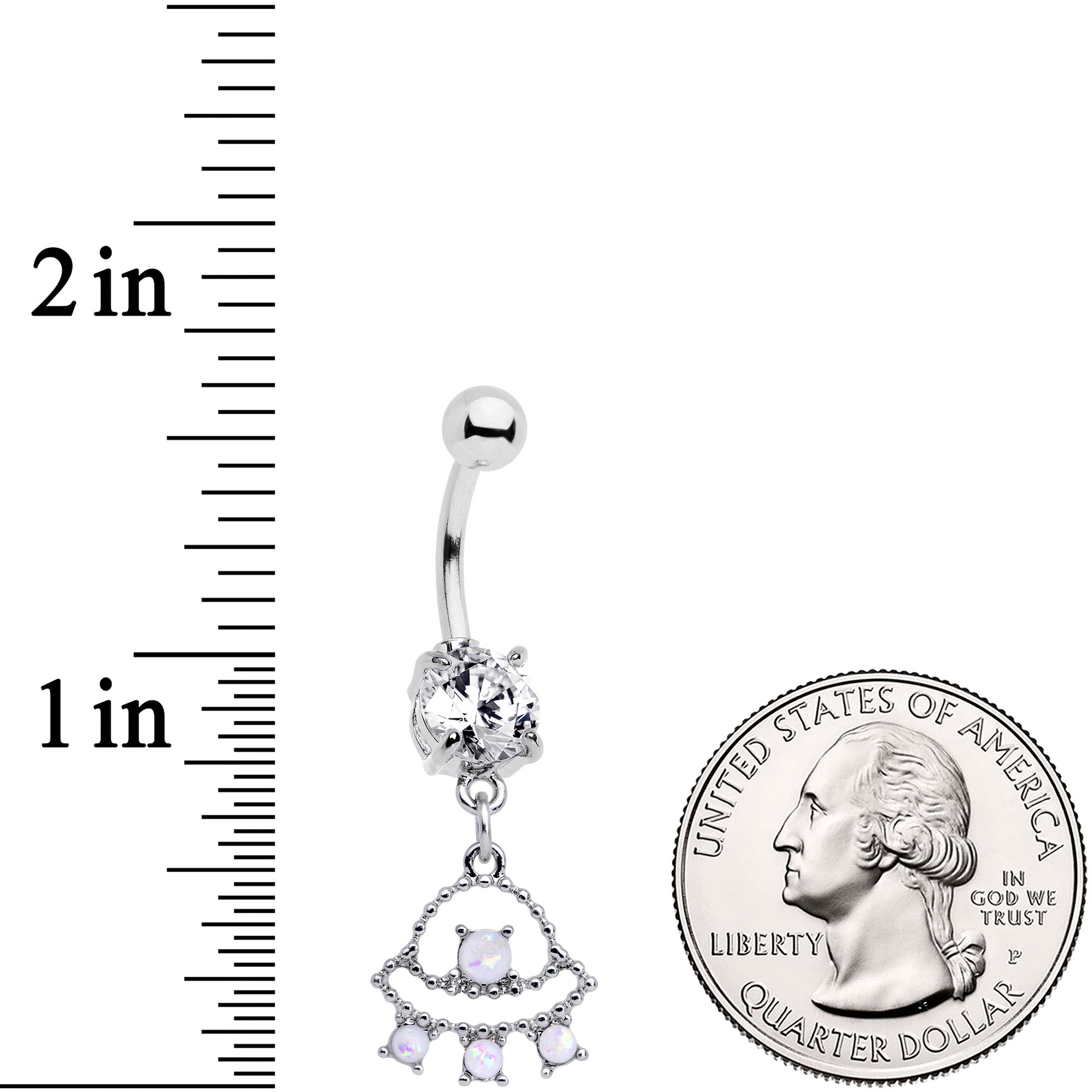 Clear CZ Gem White Faux Opal UFO Dangle Belly Ring