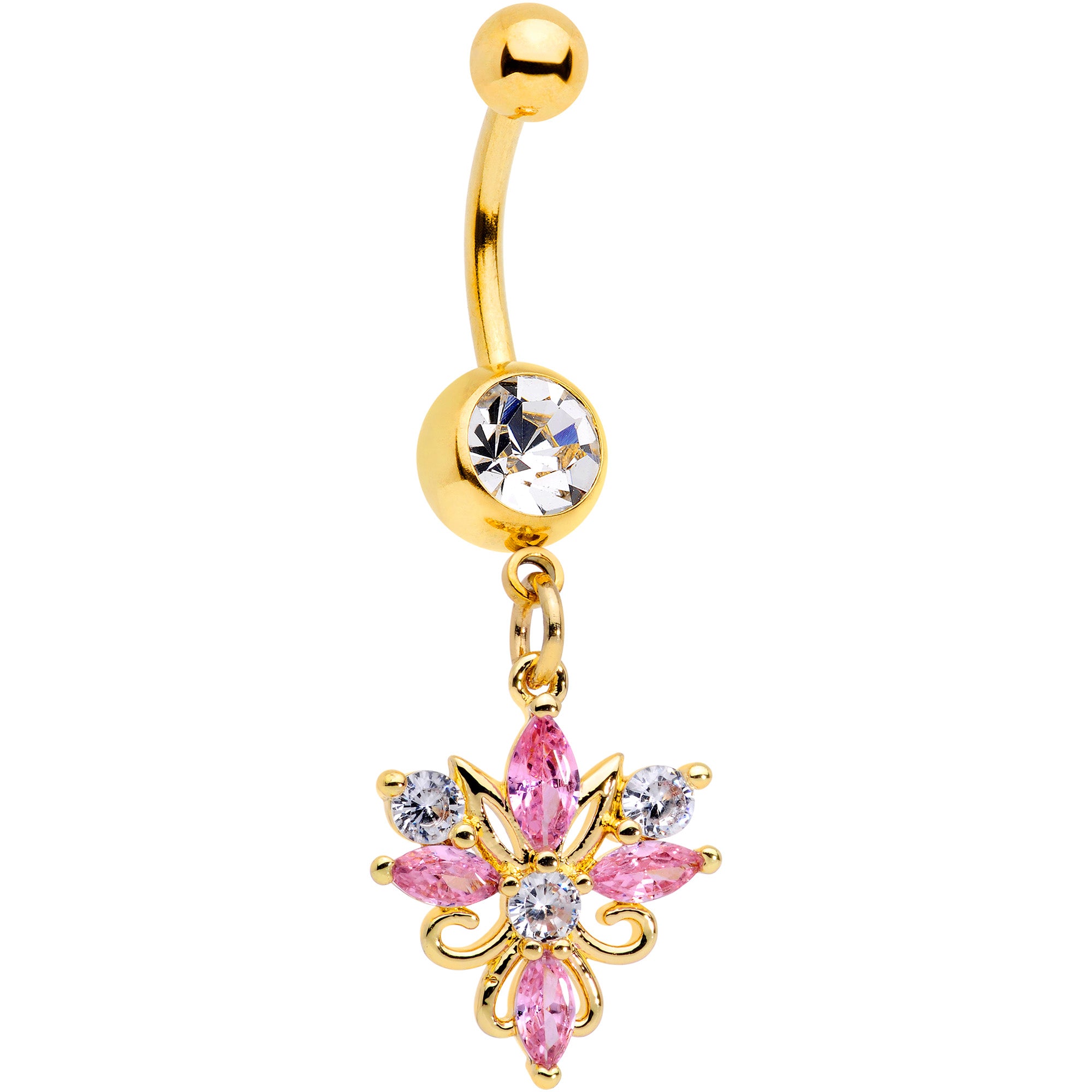 Clear Pink CZ Gem Gold Tone Classic Cross Dangle Belly Ring