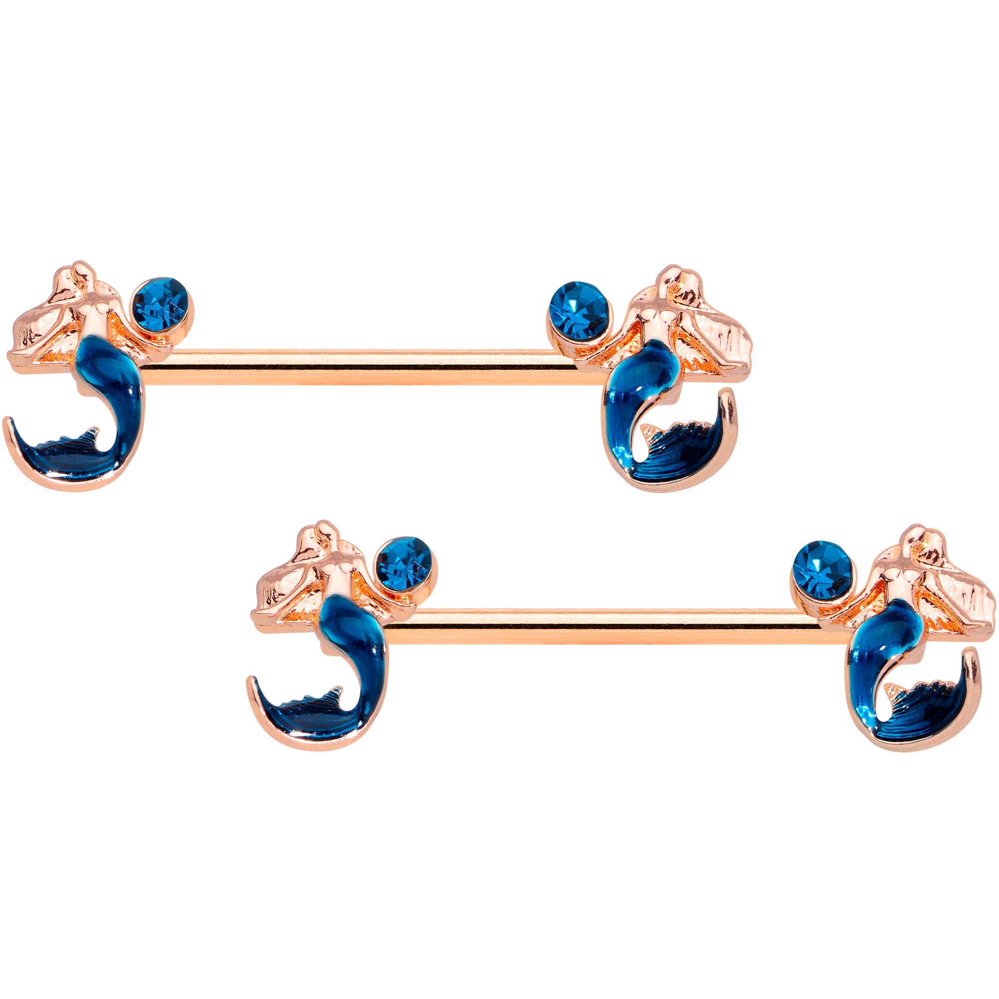 14 Gauge 9/16 Aqua Gem Rose Gold Tone Mermaid Nipple Ring Set