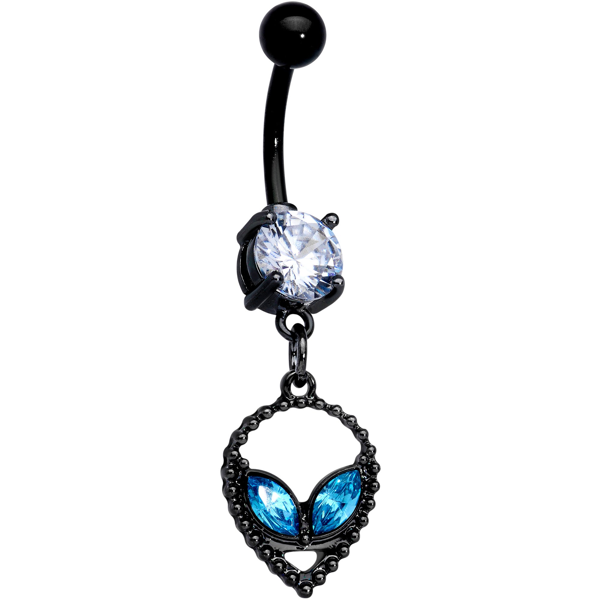 Clear Aqua CZ Gem Black Hollow Alien Dangle Belly Ring