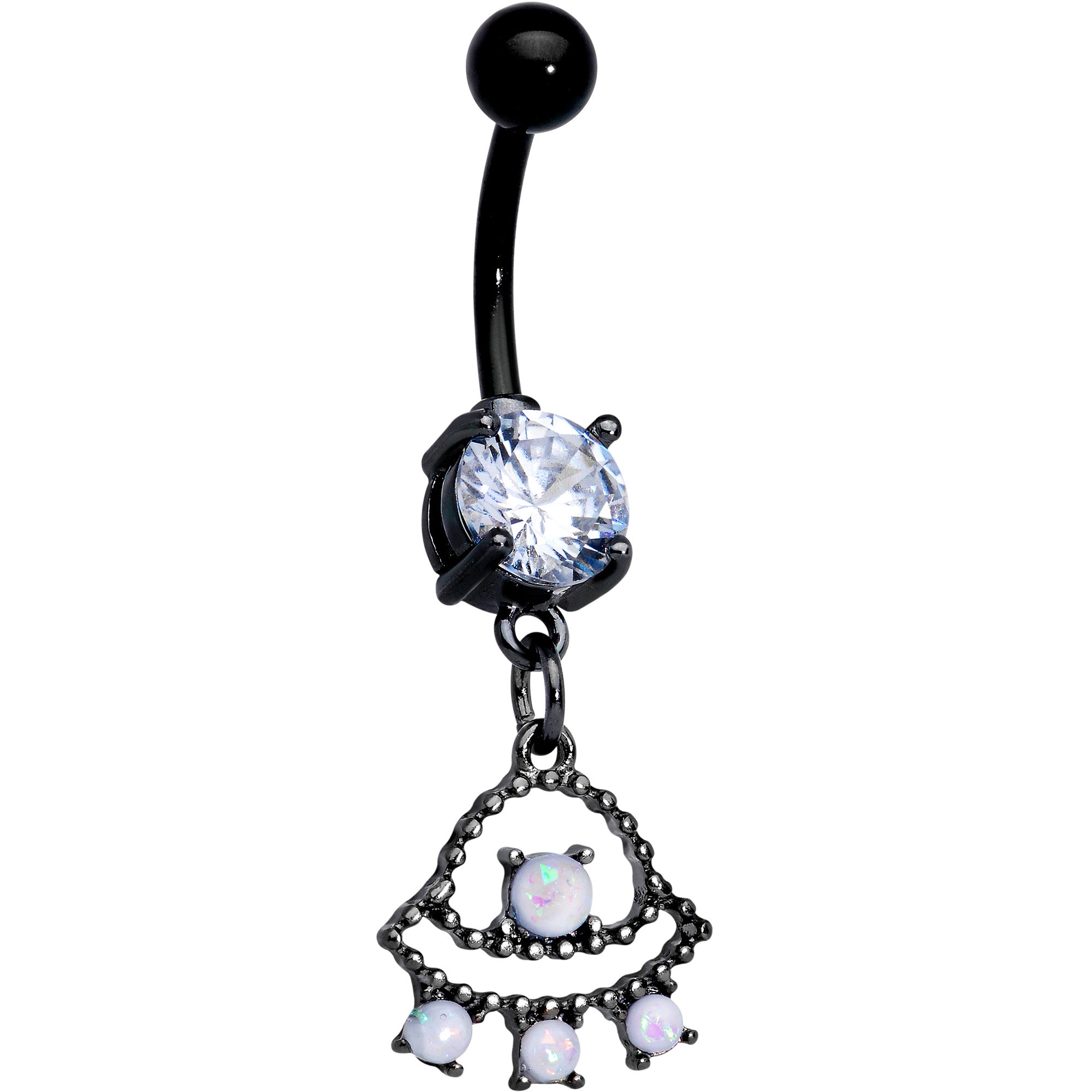 Clear CZ Gem Black White Faux Opal UFO Dangle Belly Ring