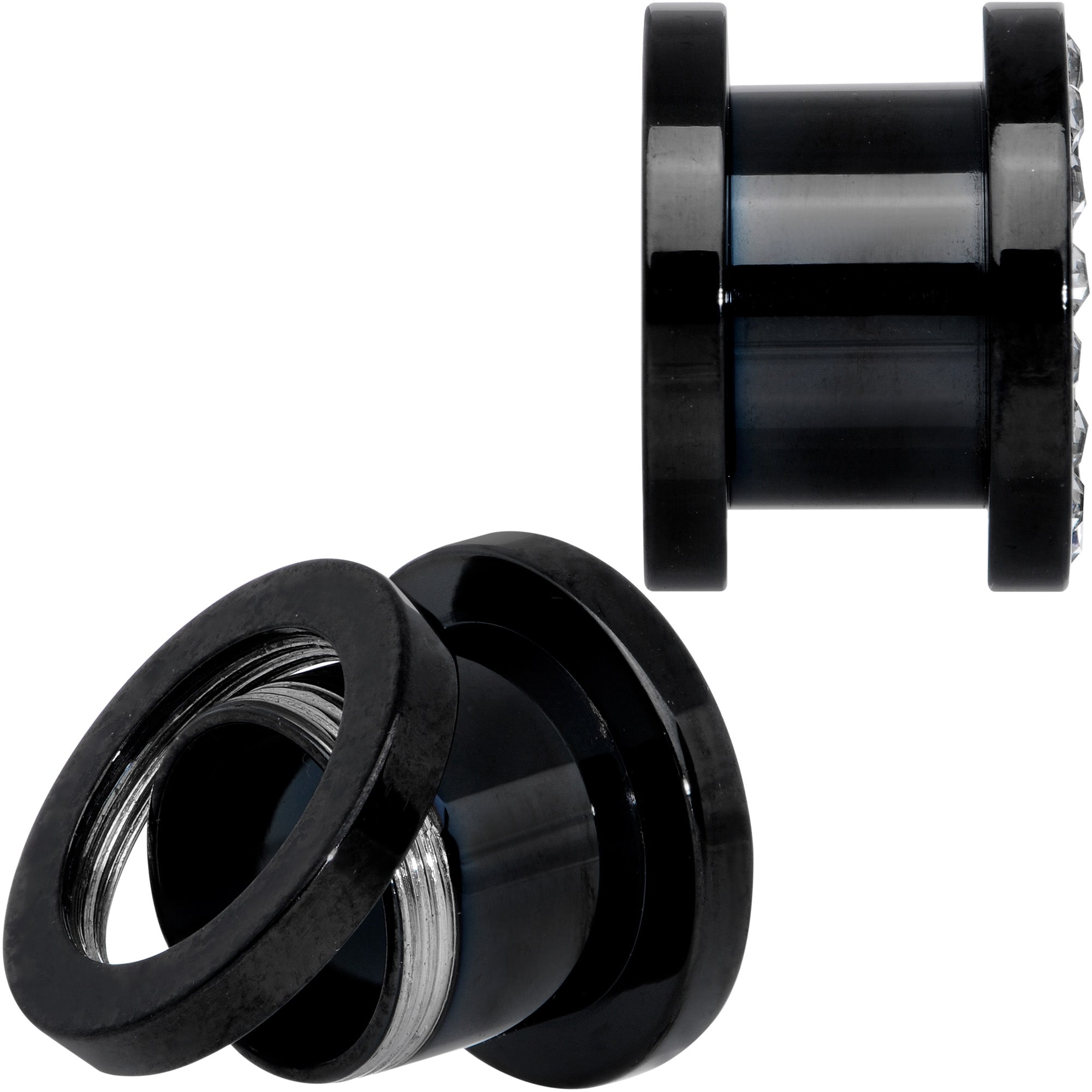 00 Gauge Clear Gem Black Anodized Screw Fit Tunnel Plug Set