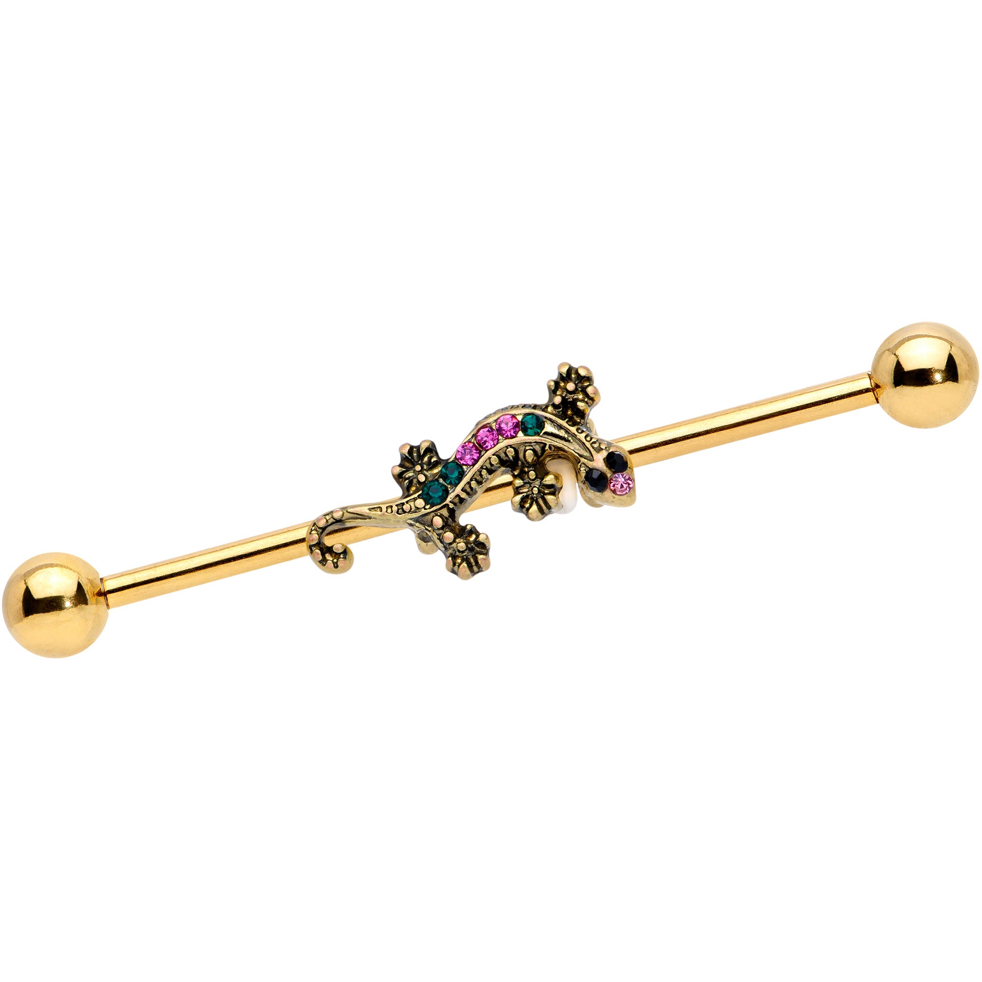 14 Gauge Pink Aqua Gem Gold Tone Lizard Industrial Barbell 38mm