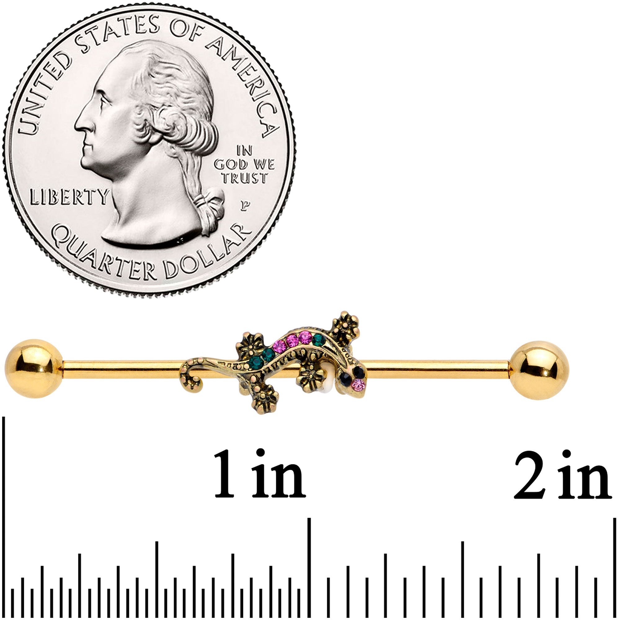 14 Gauge Pink Aqua Gem Gold Tone Lizard Industrial Barbell 38mm