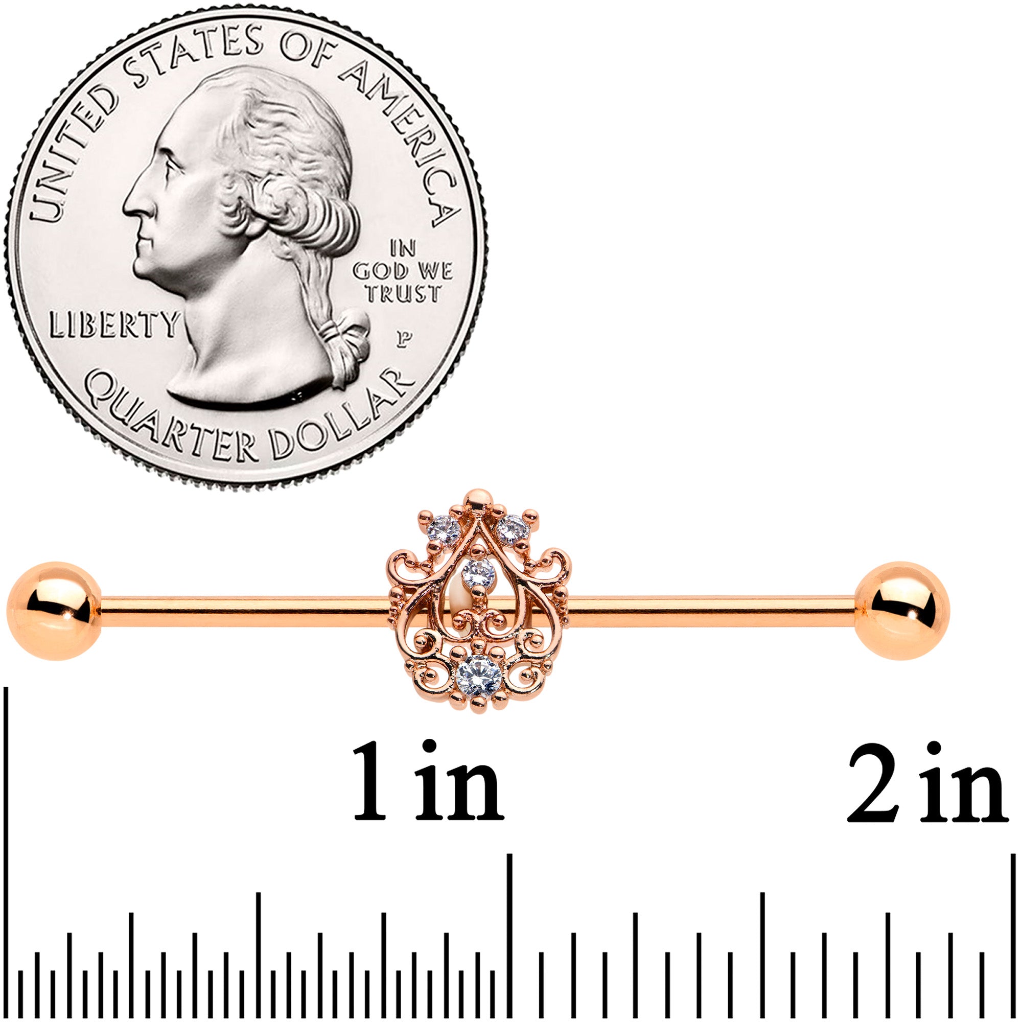 14 Gauge Clear CZ Gem Rose Gold Tone Elegant Industrial Barbell 38mm