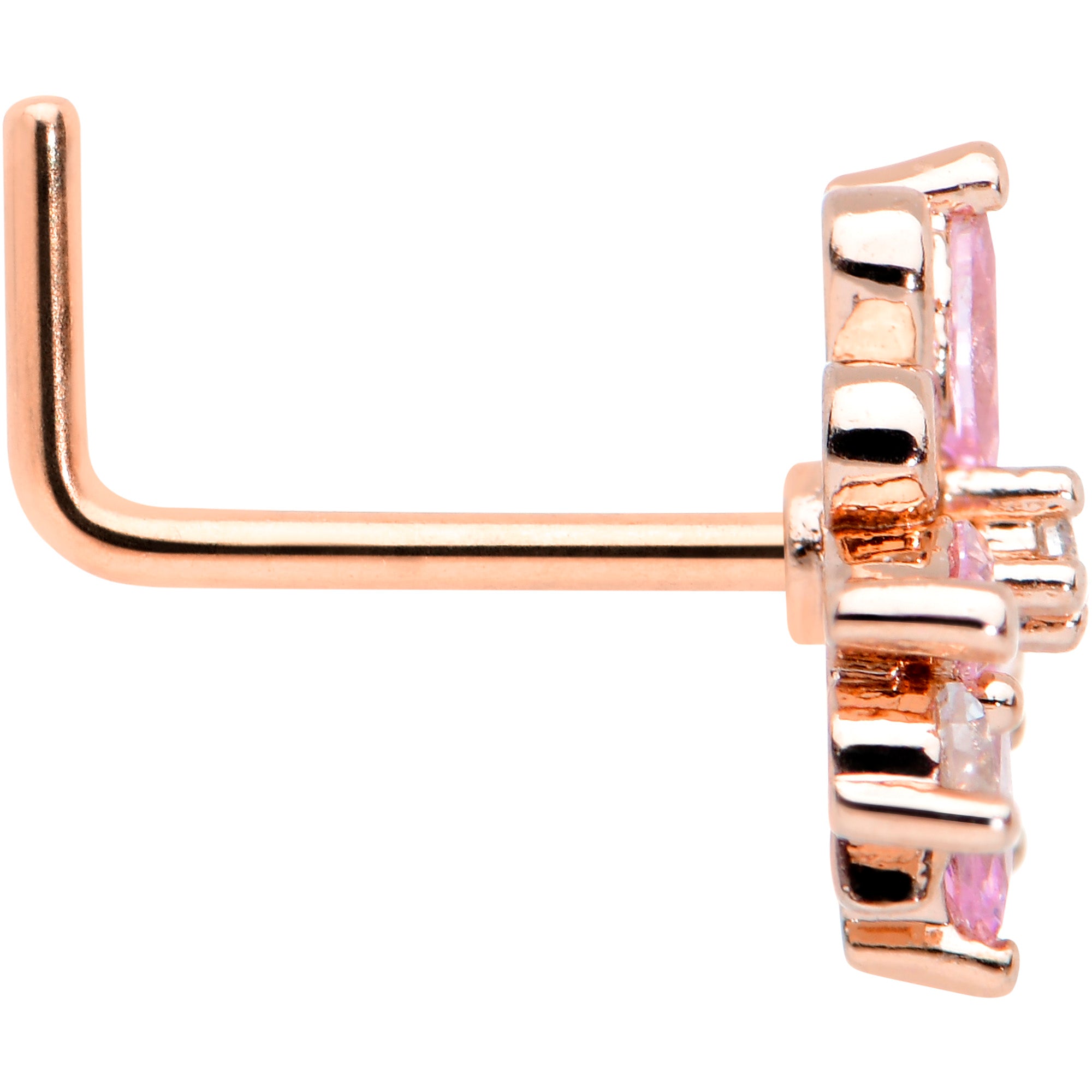 20 Gauge 1/4 Pink CZ Gem Rose Gold Tone Looping L Shape Nose Ring