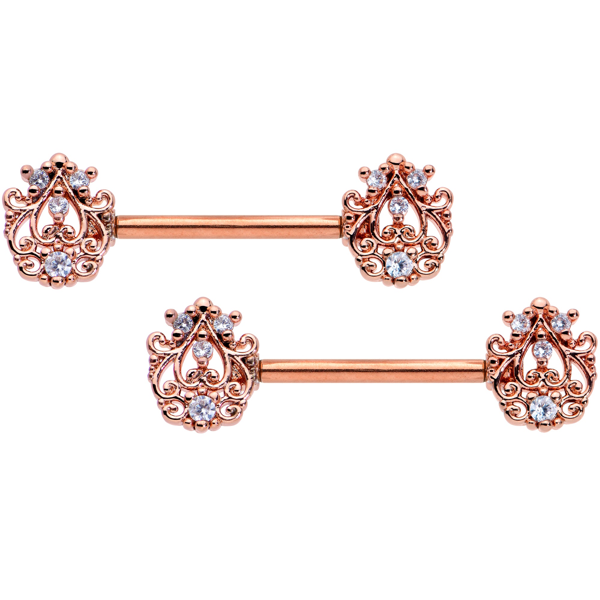 14 Gauge 9/16 Clear CZ Gem Rose Gold Tone Elegant Nipple Ring Set