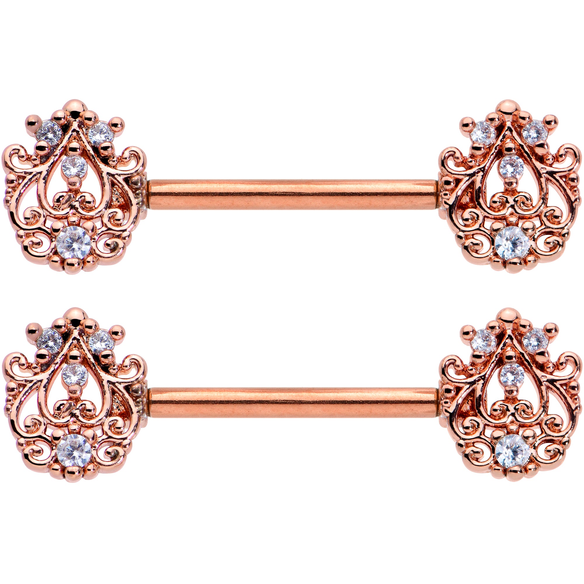 14 Gauge 9/16 Clear CZ Gem Rose Gold Tone Elegant Nipple Ring Set