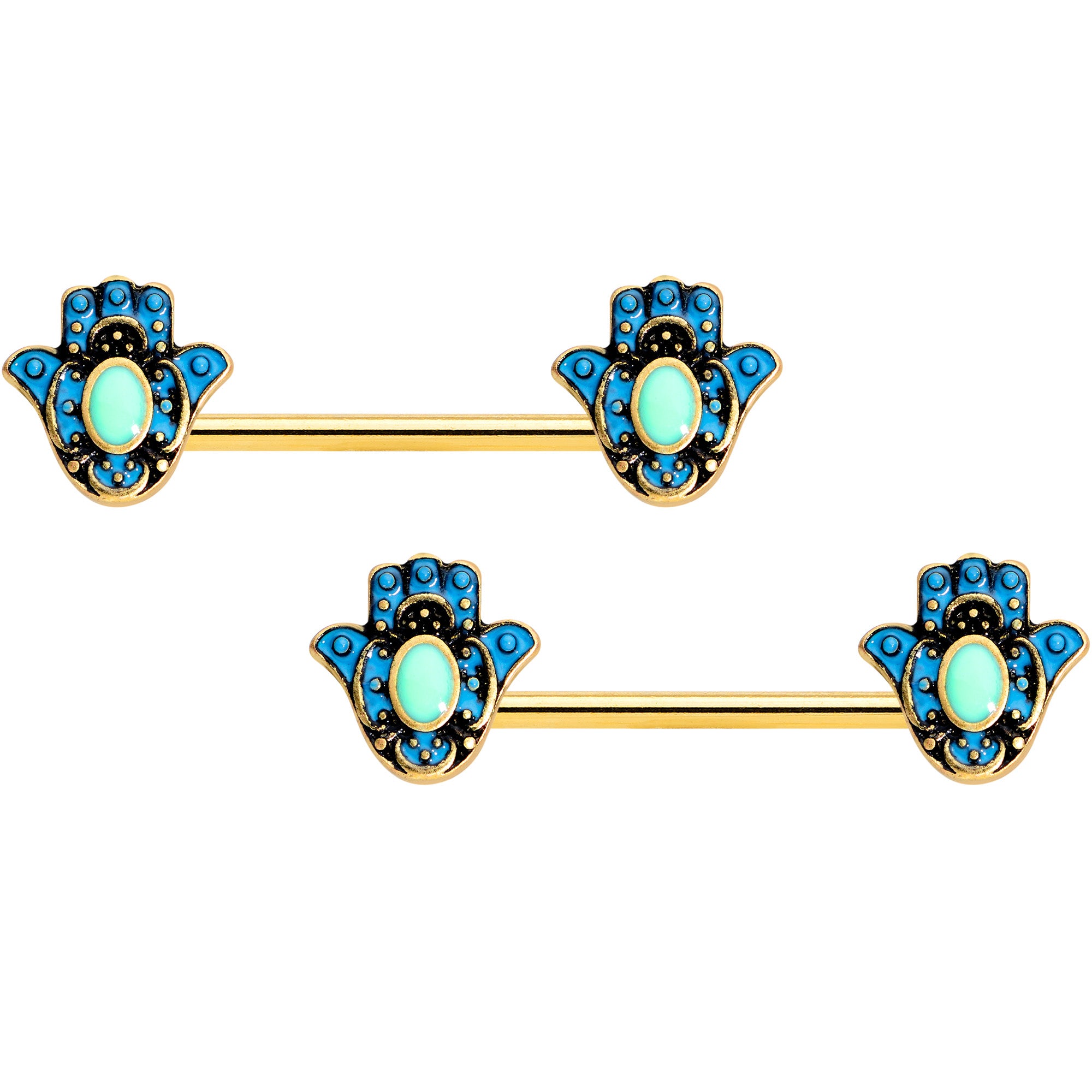 14 Gauge 9/16 Gold Tone Aqua Ornate Hamsa Hand Barbell Nipple Ring Set