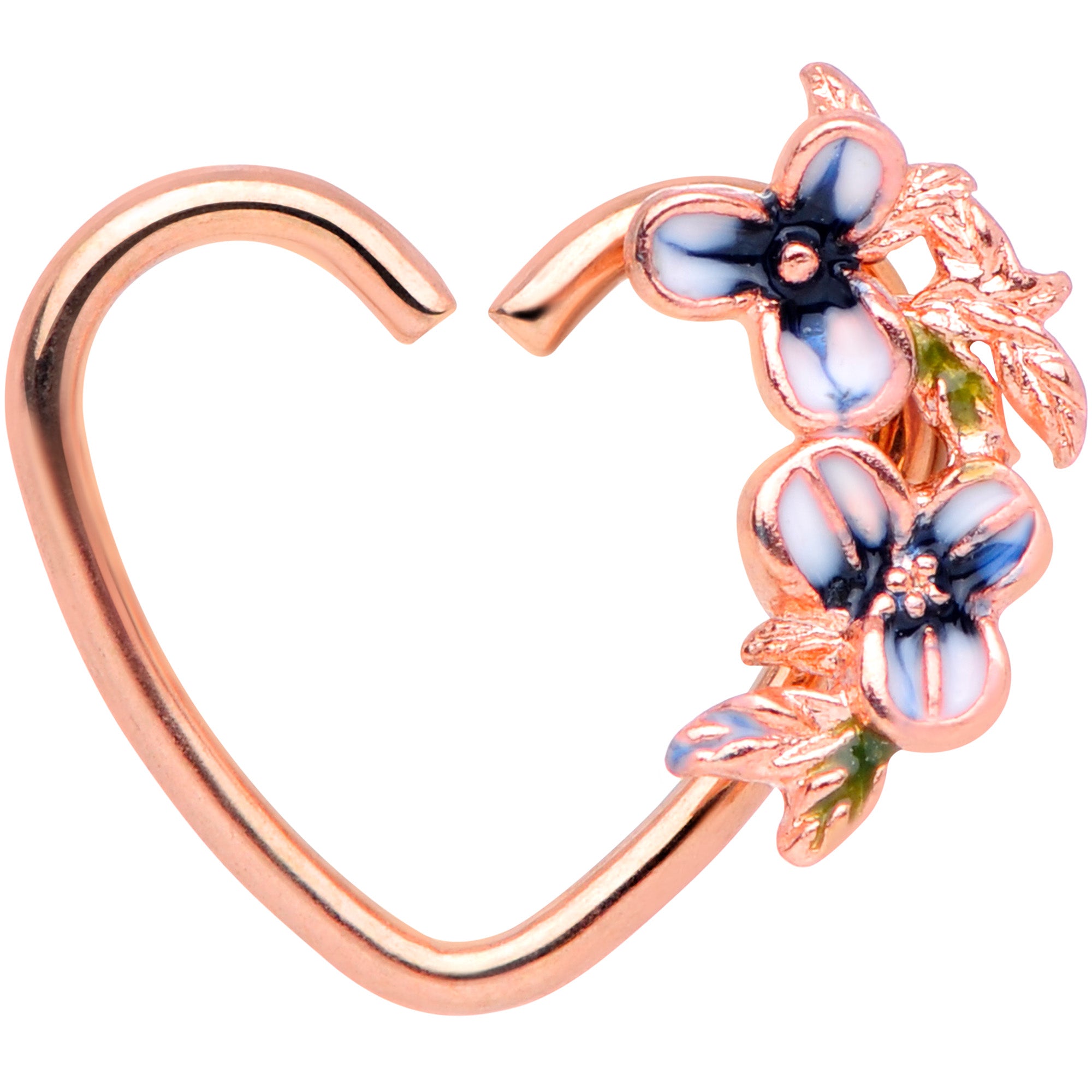 18 Gauge 3/8 Rose Gold Tone Blue Flower Heart Left Closure Ring