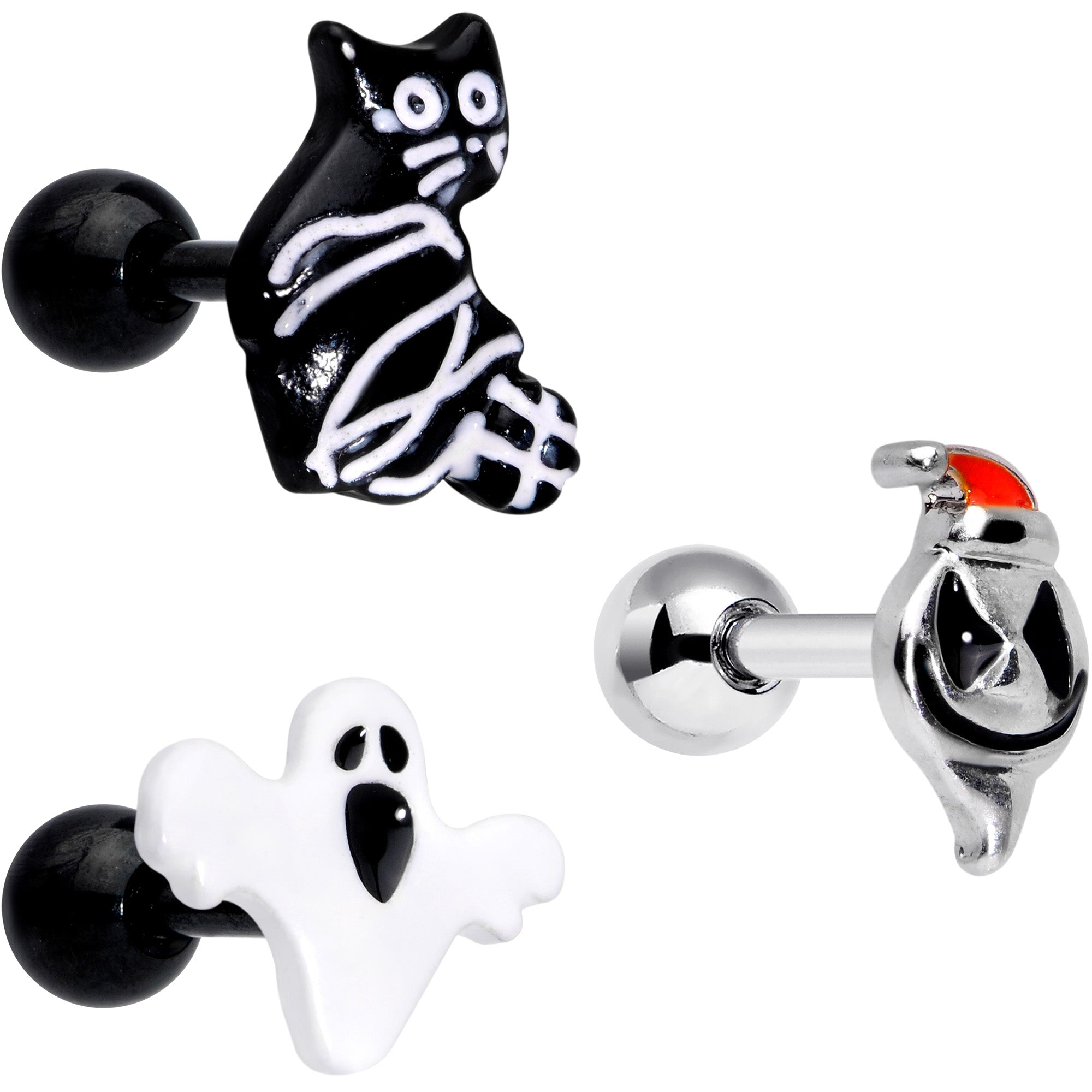 16 Gauge 1/4 Black Cat Ghost Halloween Cartilage Tragus Curation Set of 3