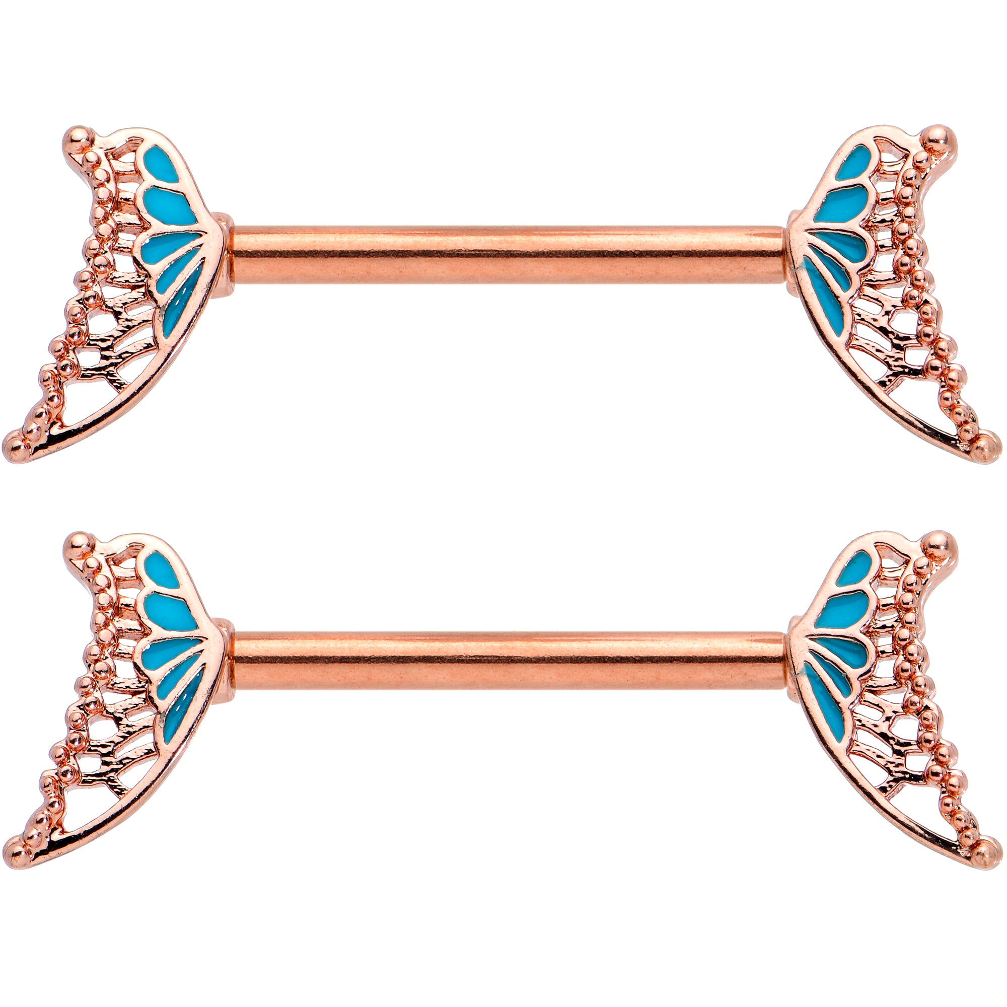 14 Gauge 9/16 Rose Gold Tone Blue Butterfly Wing Nipple Ring Set