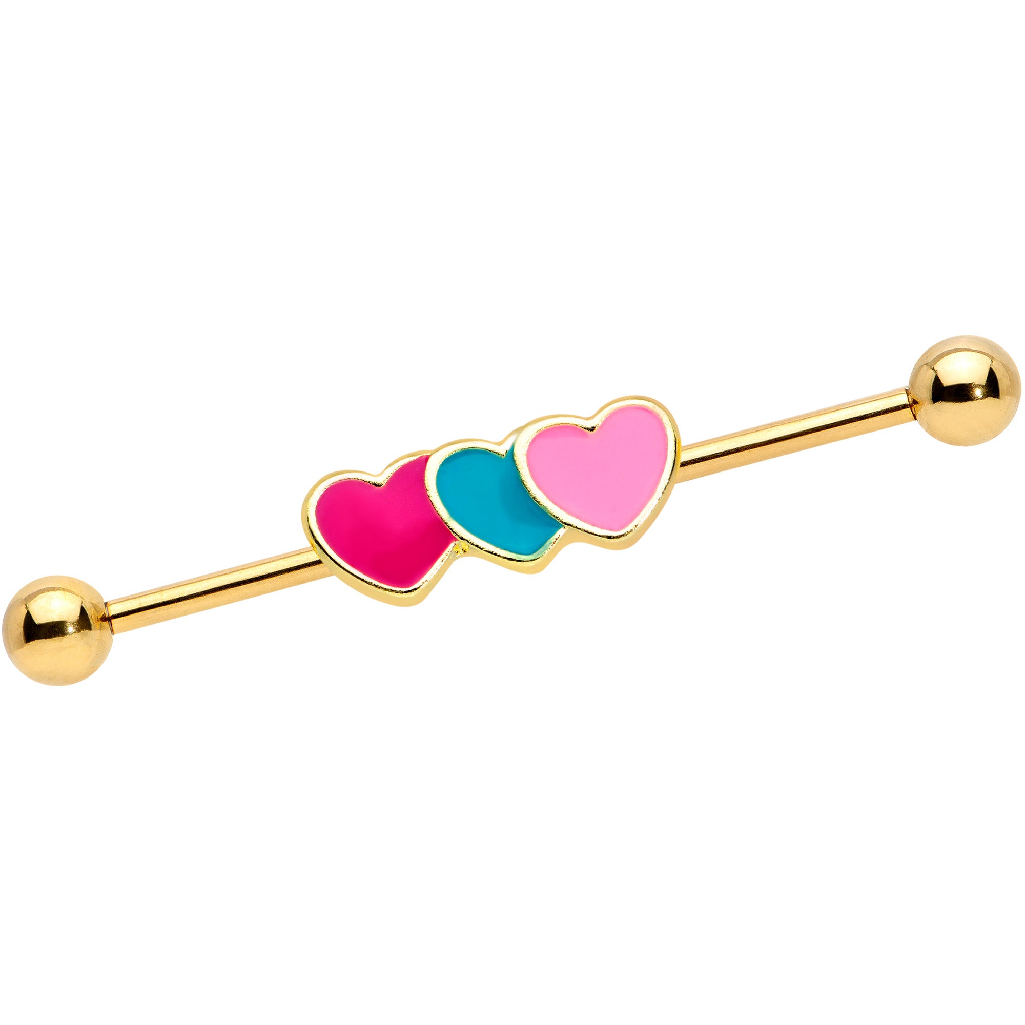 14 Gauge Gold Tone Triple Heart Industrial Barbell 38mm