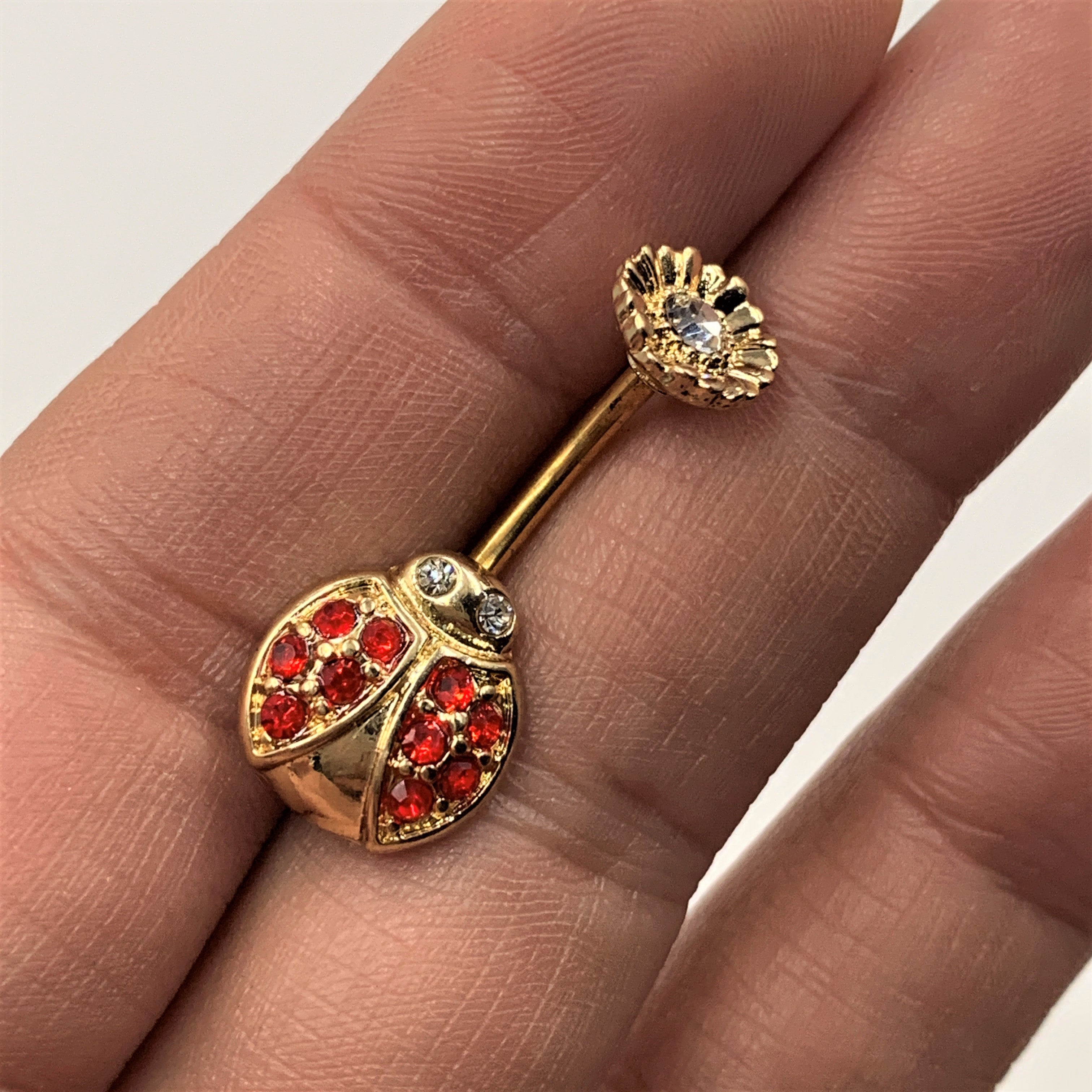 Red Clear Gem Gold Tone Ladybug Flower Belly Ring