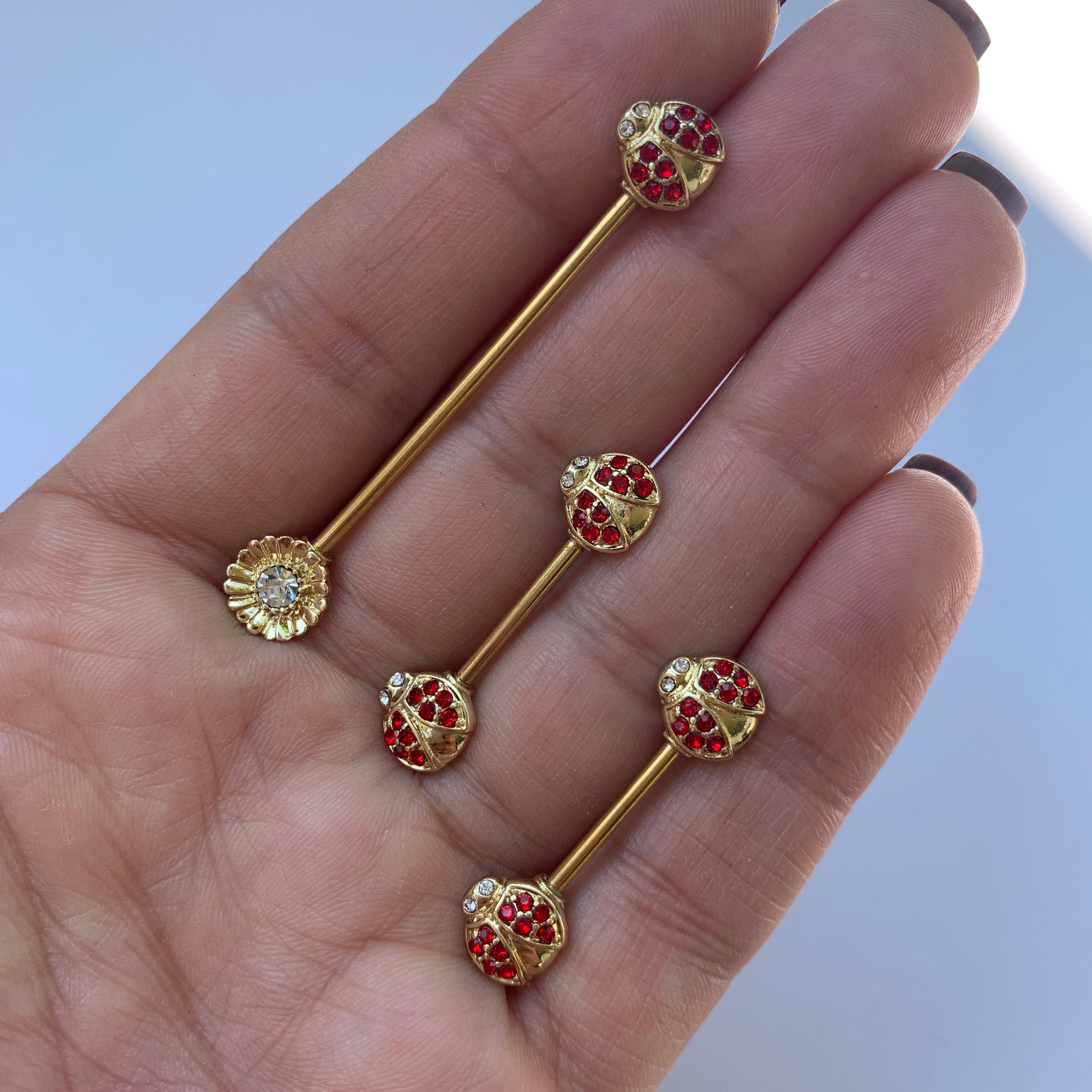 14 Gauge Red Gem Gold Tone Ladybug Flower Industrial Barbell 38mm