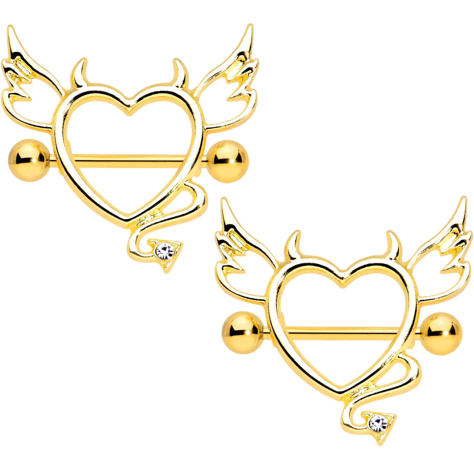 14 Gauge 9/16 Clear Gem Gold Tone Devil Heart Nipple Shield Set