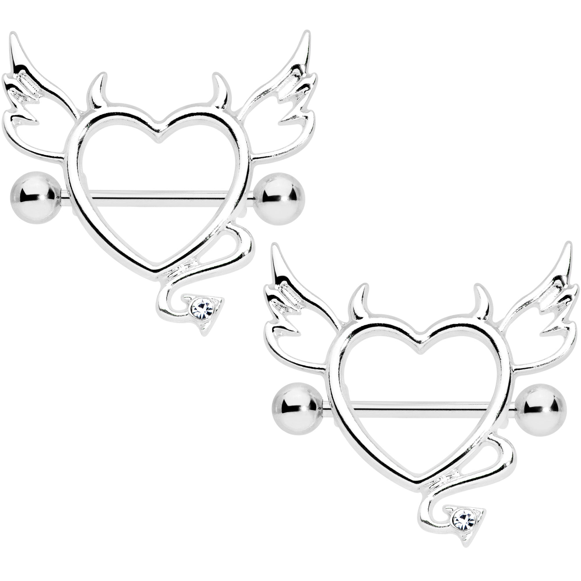 14 Gauge 9/16 Clear Gem Devil Heart Nipple Shield Set