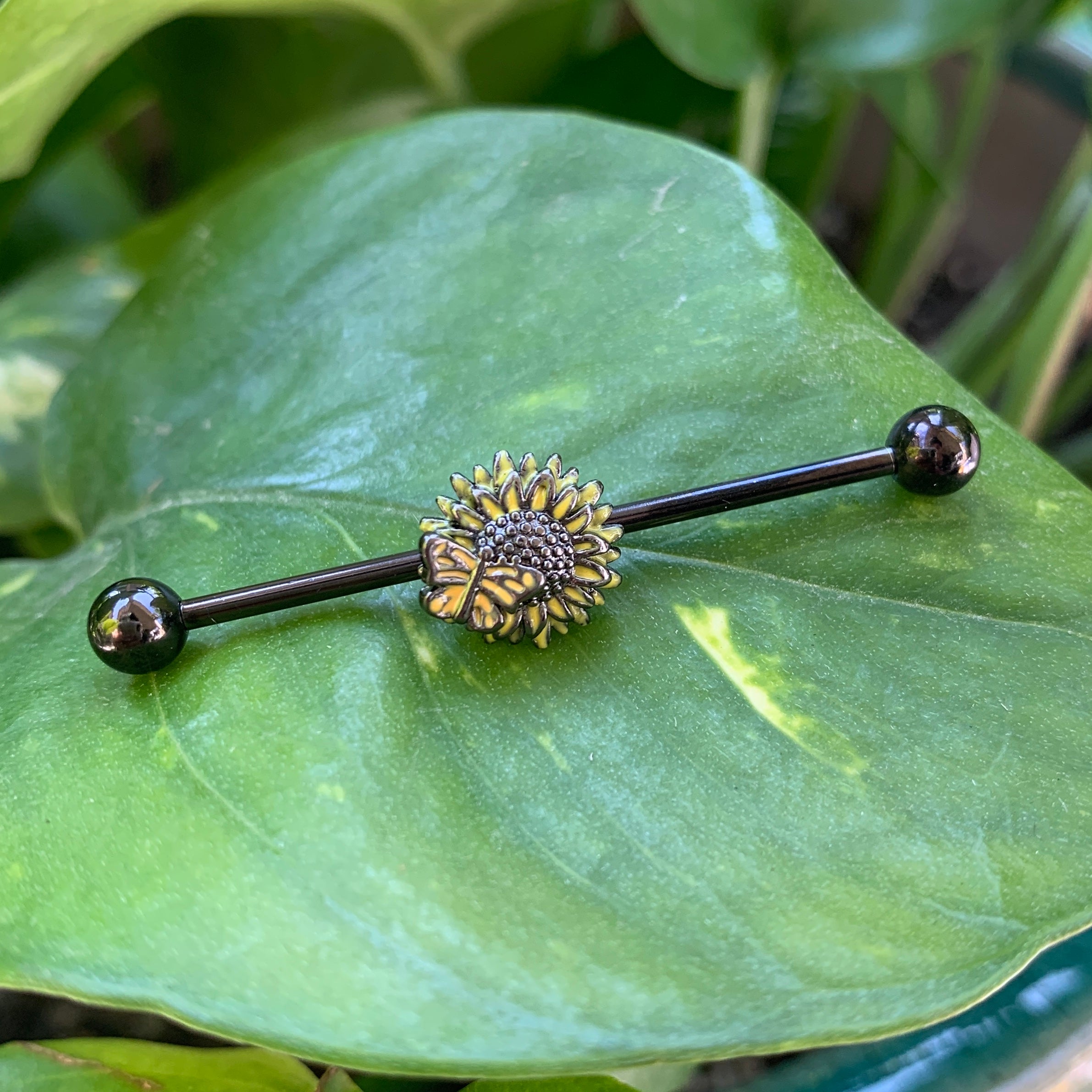 14 Gauge Black Sunflower Butterfly Industrial Barbell 38mm