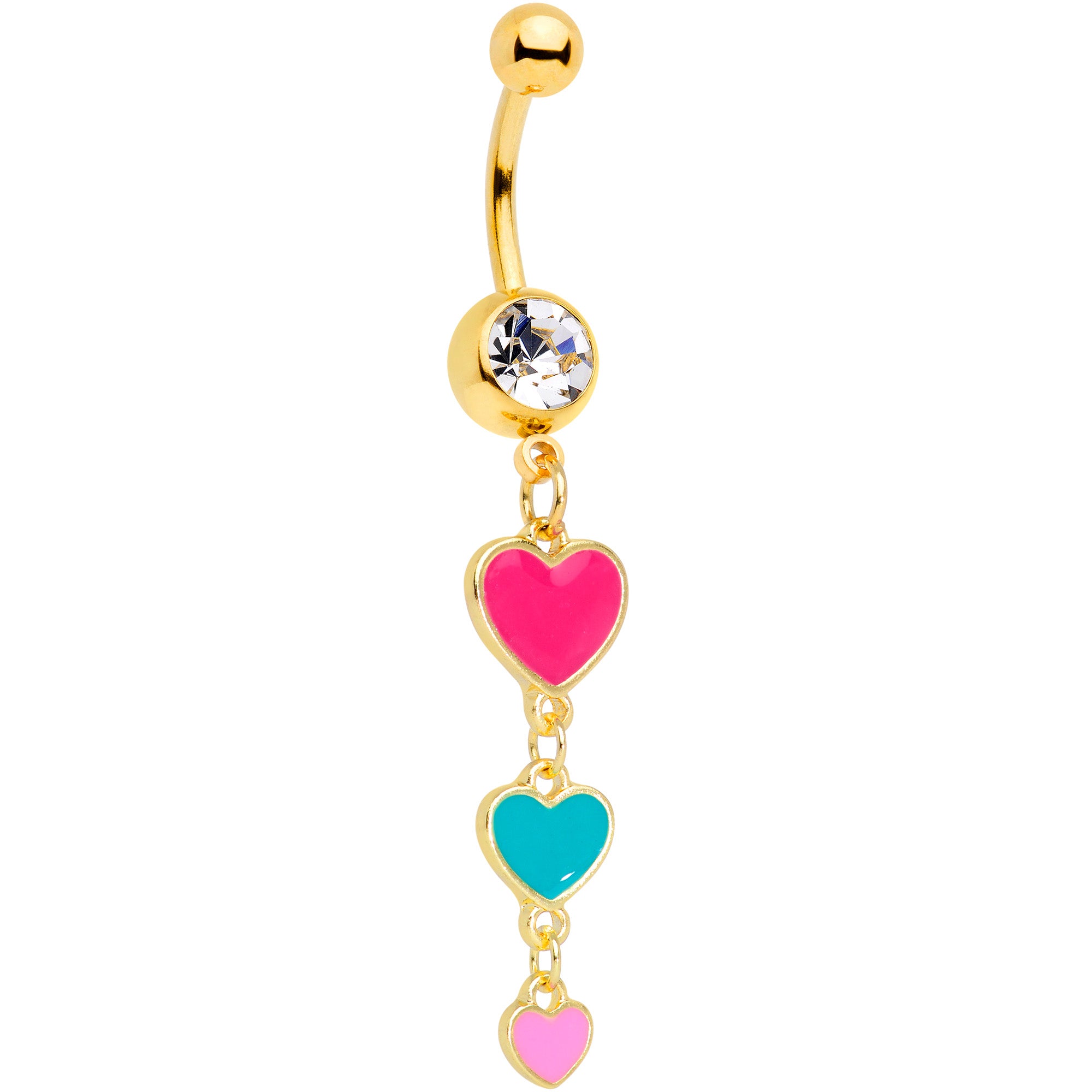 Clear Gem Gold Tone Red Pink Heart Valentines Day Dangle Belly Ring