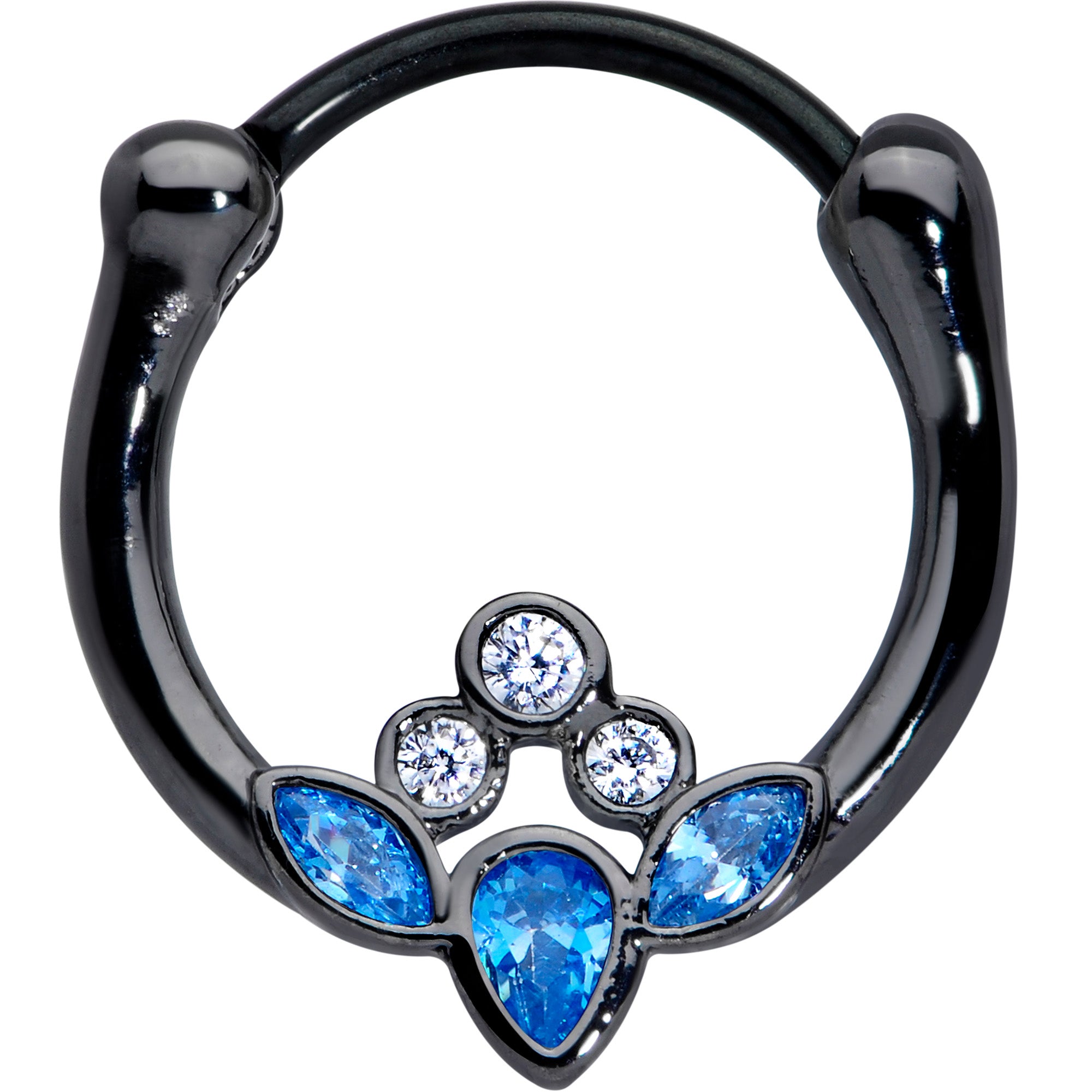 16 Gauge 3/8 Clear Blue Gem Black Anodized Classic Cluster Septum Clicker