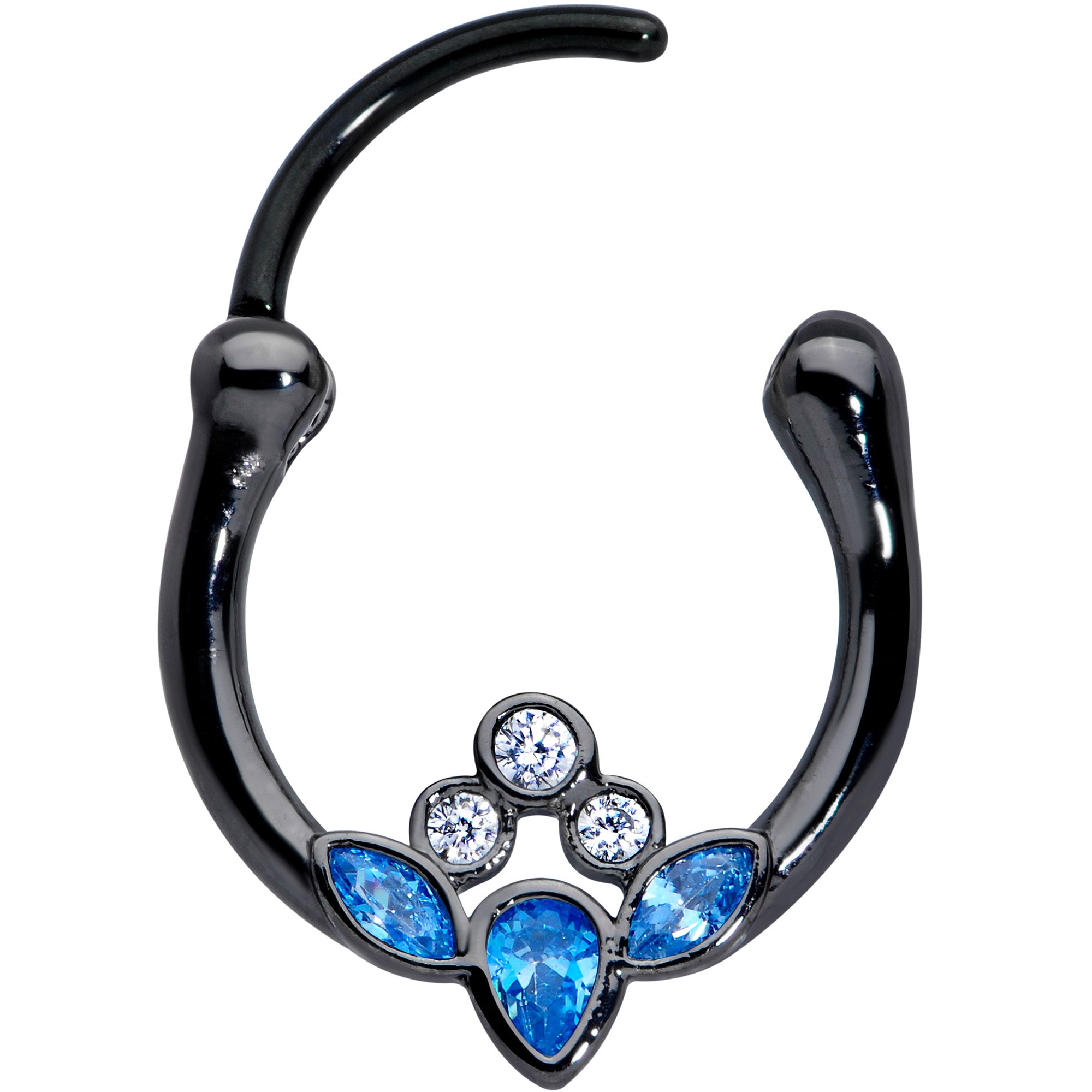 16 Gauge 3/8 Clear Blue Gem Black Anodized Classic Cluster Septum Clicker