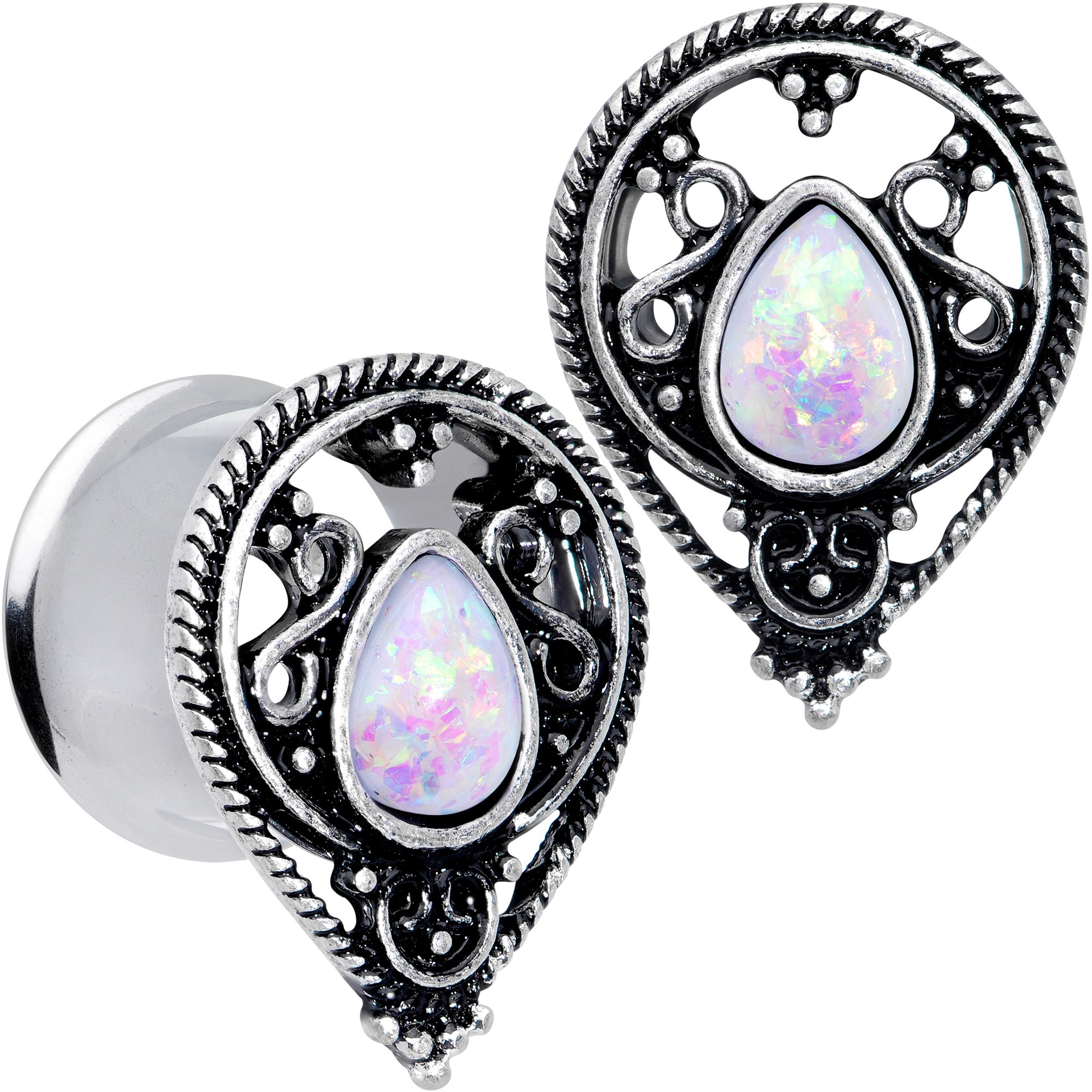 White Faux Opal Filigree Double Flare Plug Set