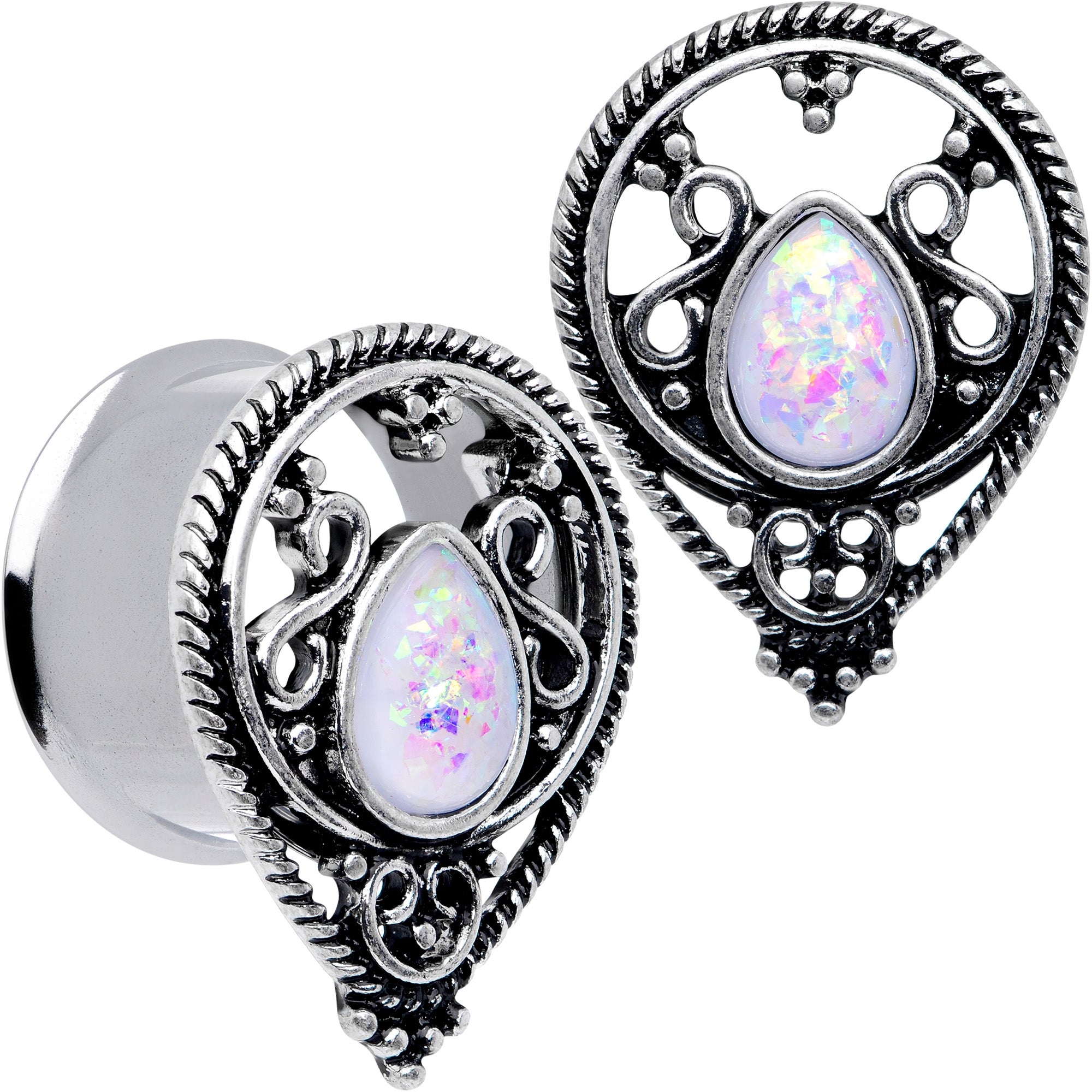 White Faux Opal Filigree Double Flare Plug Set