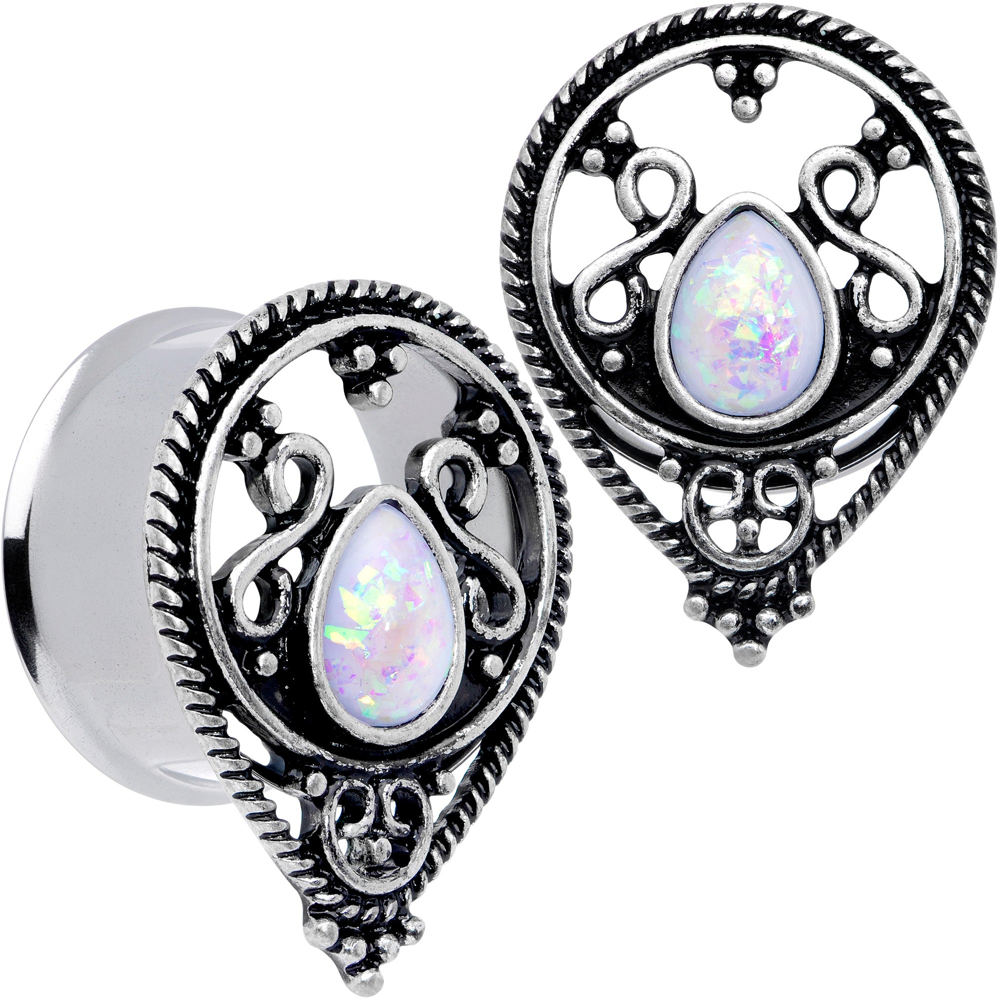 White Faux Opal Filigree Double Flare Plug Set