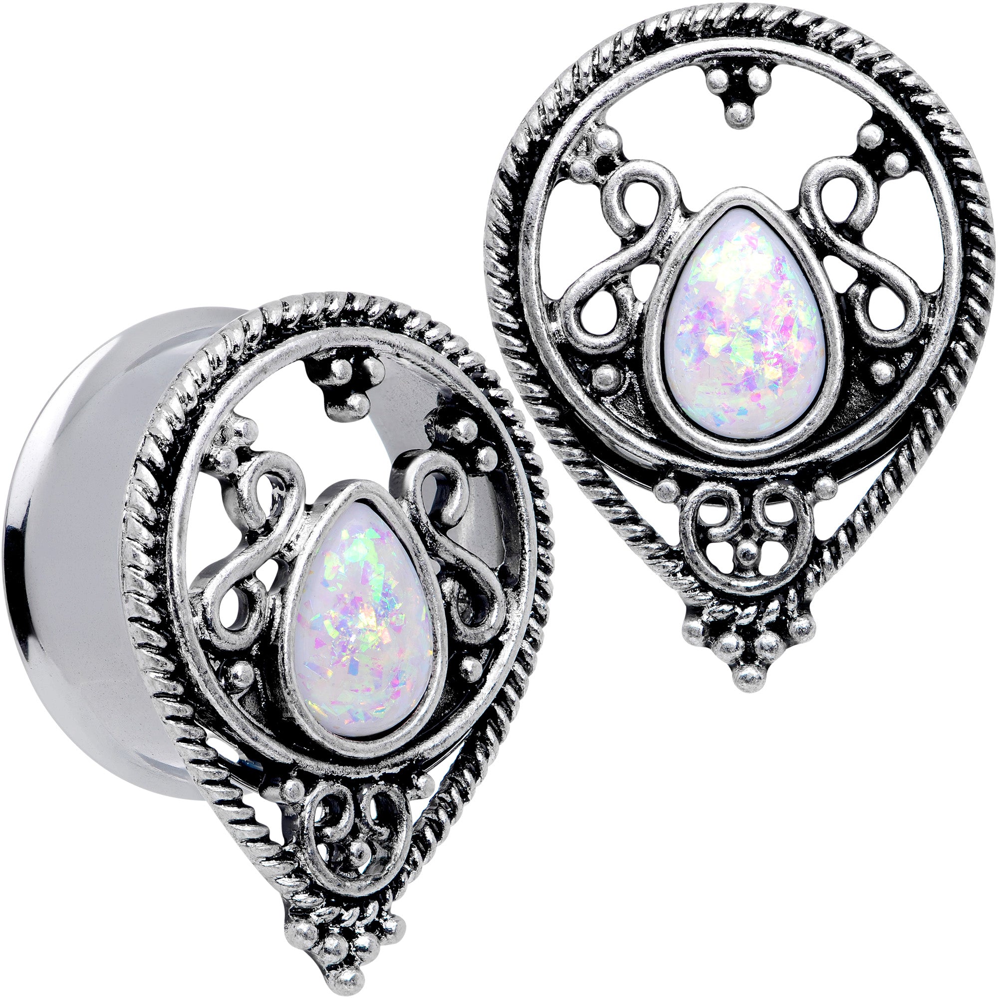 White Faux Opal Filigree Double Flare Plug Set