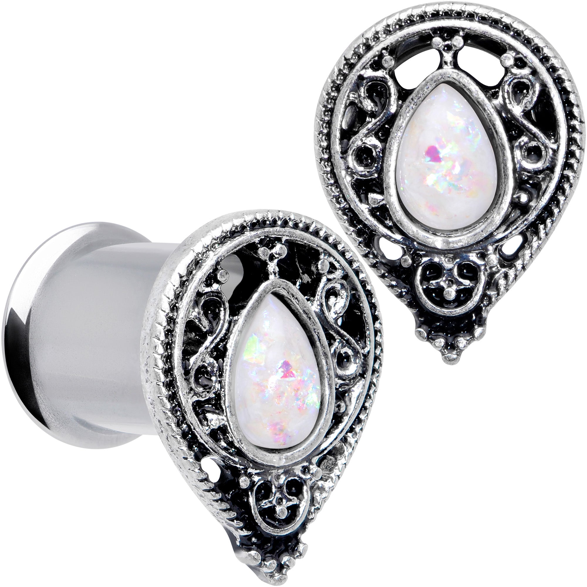 White Faux Opal Filigree Double Flare Plug Set