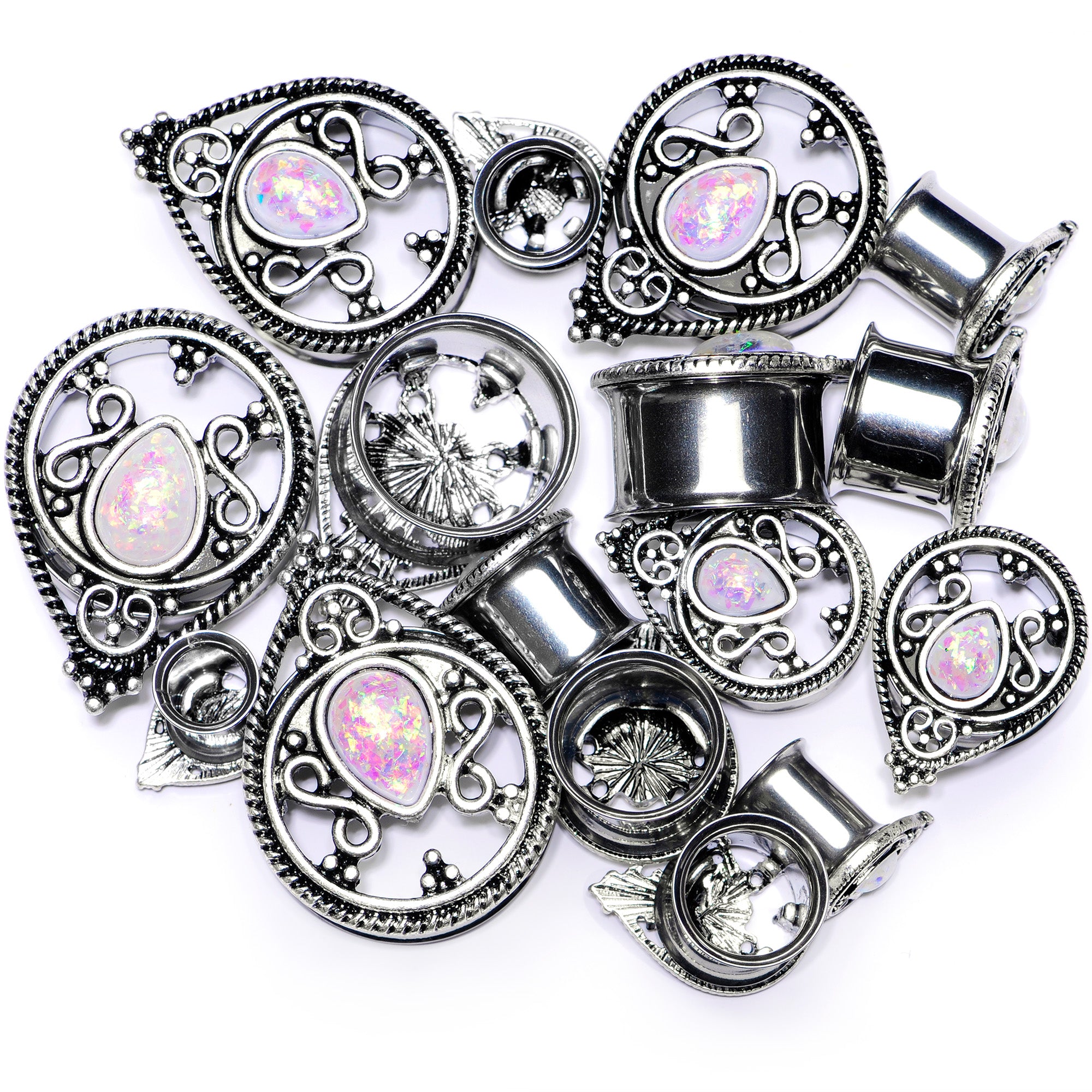 White Faux Opal Filigree Double Flare Plug Set