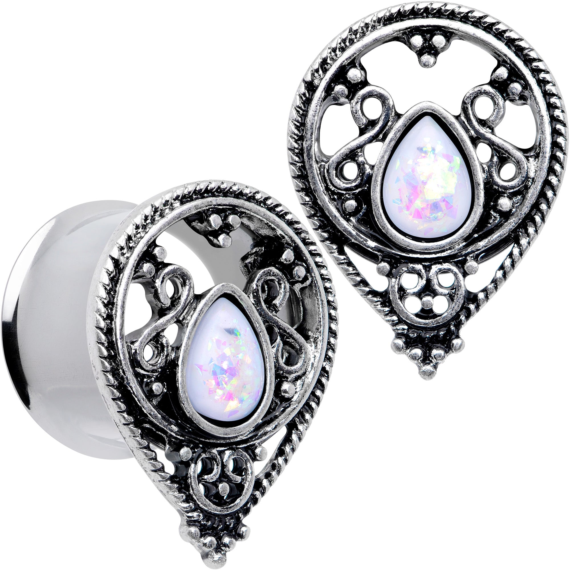 White Faux Opal Filigree Double Flare Plug Set