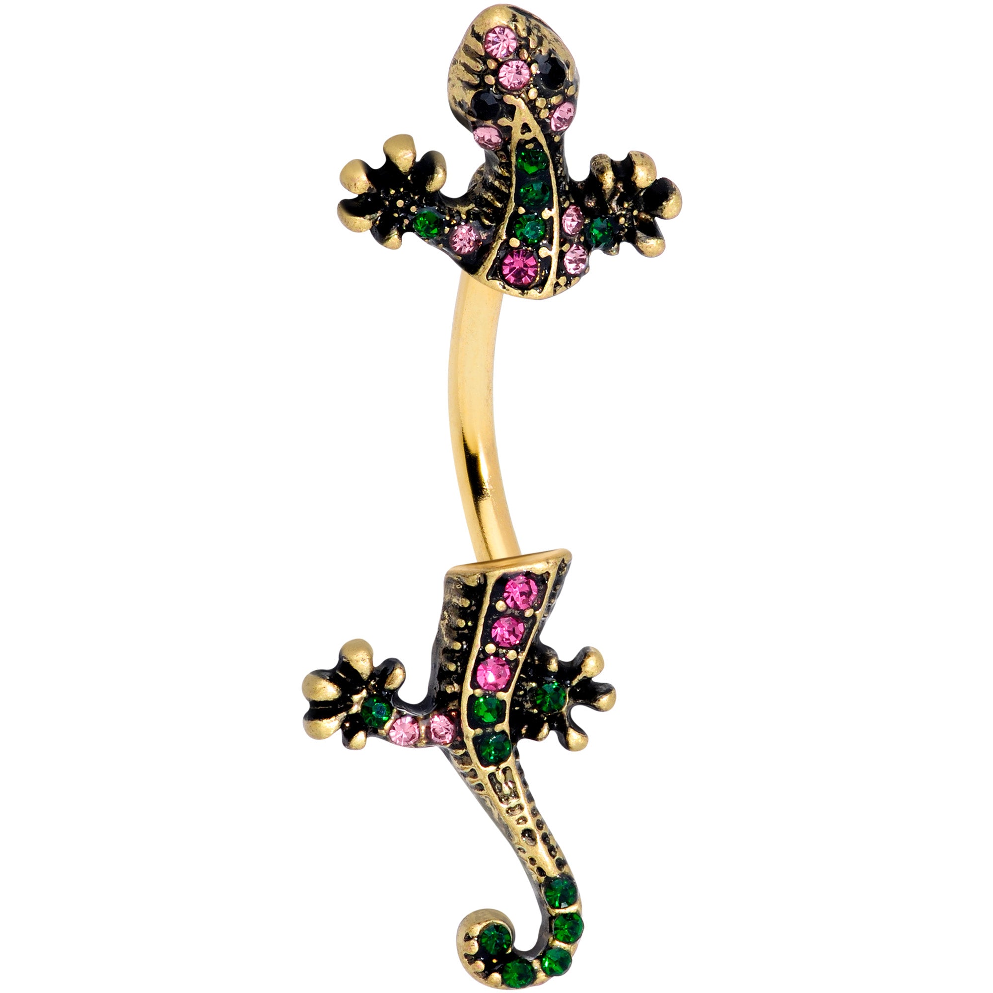 Pink Green Gem Gold Tone Lizard Double Mount Belly Ring